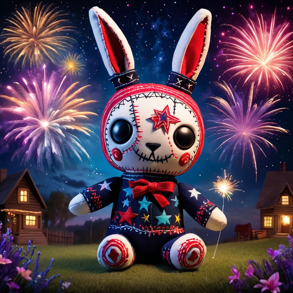 (knitted toy voodoo doll:1.8), (Voodoo Rabbit Setting Off Fireworks:1.3), (Clothing: festival outfit with star patterns:1.0), (Accessories: enchanted fireworks, glowing lighter:1.2), (background: cozy night sky with floating, glowing stars and mystical light:1.2), best quality, masterpiece, detailed soft oil painting, detailed background, dramatic cinematic lighting, soft edge lighting, professional, dramatic lighting, hard edge lighting, ultra quality, 4k,masterpiece, best quality, 8k, ultra highres, highres, extremely detailed