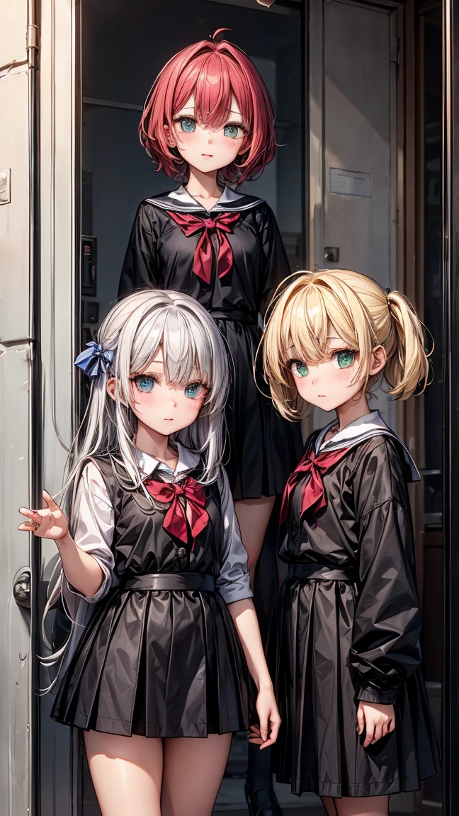 ((3 17 year old girls.)) 1 with yellow hair and green eyes, tanned body. 2 white hair and blue eyes, white body. 3 Red Hair And Red Eyes, with dark body. The 3 girls are standing. in  clothes. High School College Fund. 
Neg: wrong eye colors, disproportionate eyes, deformed faces, wrong hair colors, facial distortions, cross eyed, misaligned eyes, pixelated hair, incorrect facial proportions, ill-fitting clothes, poor lighting, low quality