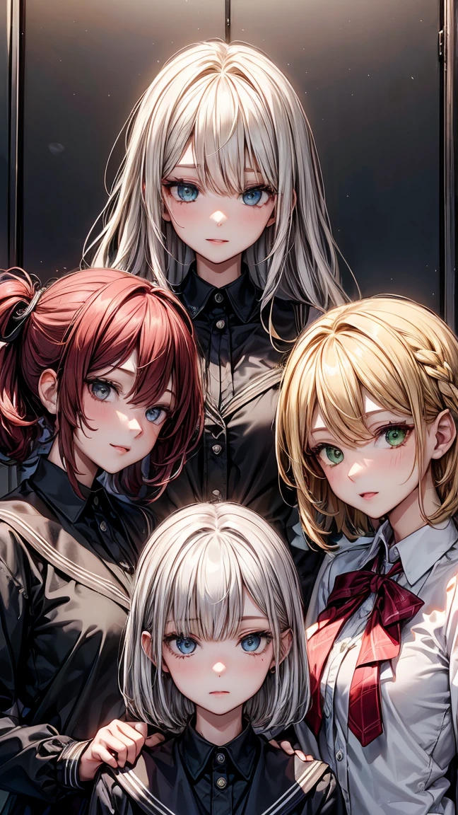 ((3 17 year old girls.)) 1 with yellow hair and green eyes, tanned body. 2 white hair and blue eyes, white body. 3 Red Hair And Red Eyes, with dark body. The 3 girls are standing. in  clothes. High School College Fund. 
Neg: wrong eye colors, disproportionate eyes, deformed faces, wrong hair colors, facial distortions, cross eyed, misaligned eyes, pixelated hair, incorrect facial proportions, ill-fitting clothes, poor lighting, low quality