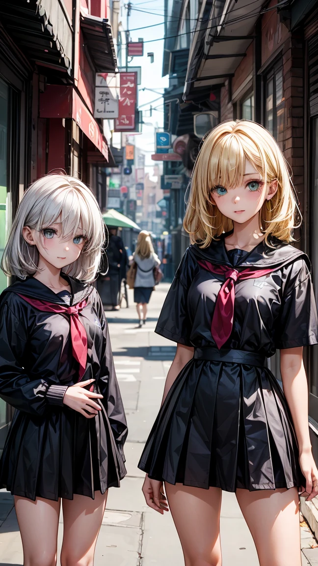 ((3 17 year old girls.)) 1 with yellow hair and green eyes, tanned body. 2 white hair and blue eyes, white body. 3 Red Hair And Red Eyes, with dark body. The 3 girls are standing. in clothes. High School College Fund.
Neg: wrong eye colors, disproportionate eyes, deformed faces, wrong hair colors, facial distortions, cross eyed, misaligned eyes, pixelated hair, incorrect facial proportions, ill-fitting clothes, poor lighting, low quality