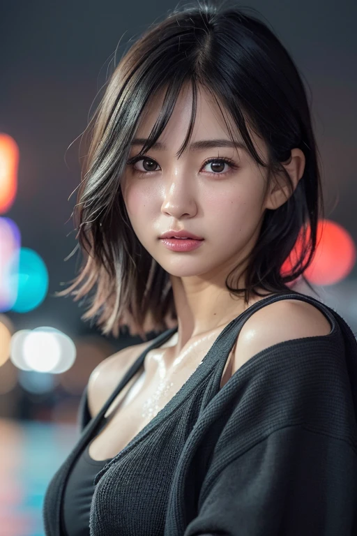 Random Pause, Mix 4, (8k, Original photo, Highest quality, masterpiece: 1.45), (Actual, Vibrant: 1.37), Skinny Japanese woman, One girl, charm, City view, night, rain, Wet, Professional Lighting, Photon Mapping, Radio City, Physically Based Rendering, Gradient black hair, Short Curly Hair, good looking, girl, The T-shirt is see-through,Torn clothes、 High resolution, 1080P, (Beautiful Face), (Detailed facial depiction), (Detailed description of the hand), (Detailed CG), Extreme light and shadow, Messy Hair, Lots of details, (exquisite features), (Highest quality photos), (Beautiful Eyes), Look in front of you, Thin clavicle,
