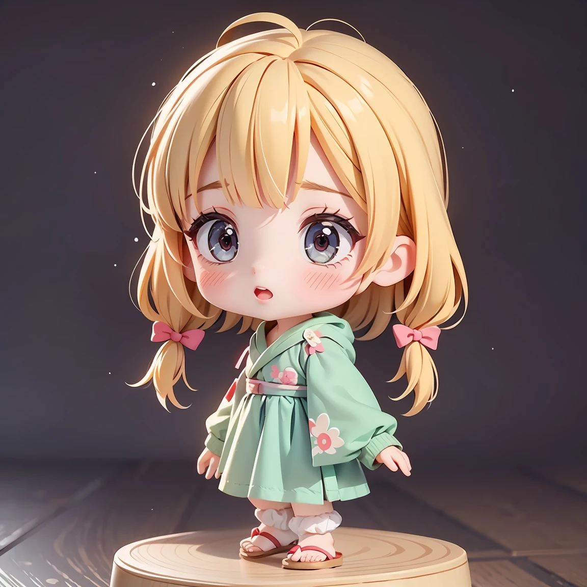  Super Chibi Character：1.8、wearing cute sandals、background：Simple all over、Blonde Hair、Cute 7 year old girl、Random cute outfits、Short legs、Sandals with ribbon、Freezing、Freezing