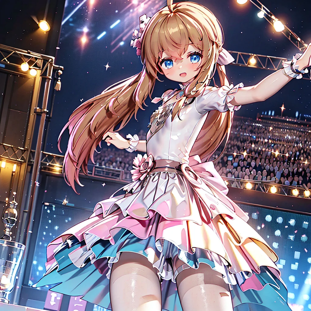 masterpiece, best quality, CG wallpaper, 8k, solo girl, (cute, petite, Blue eyes, brown twin tail, yellow dress), open mouth smile, look at the other people , dance at the stage, neon and led lights, from behind
