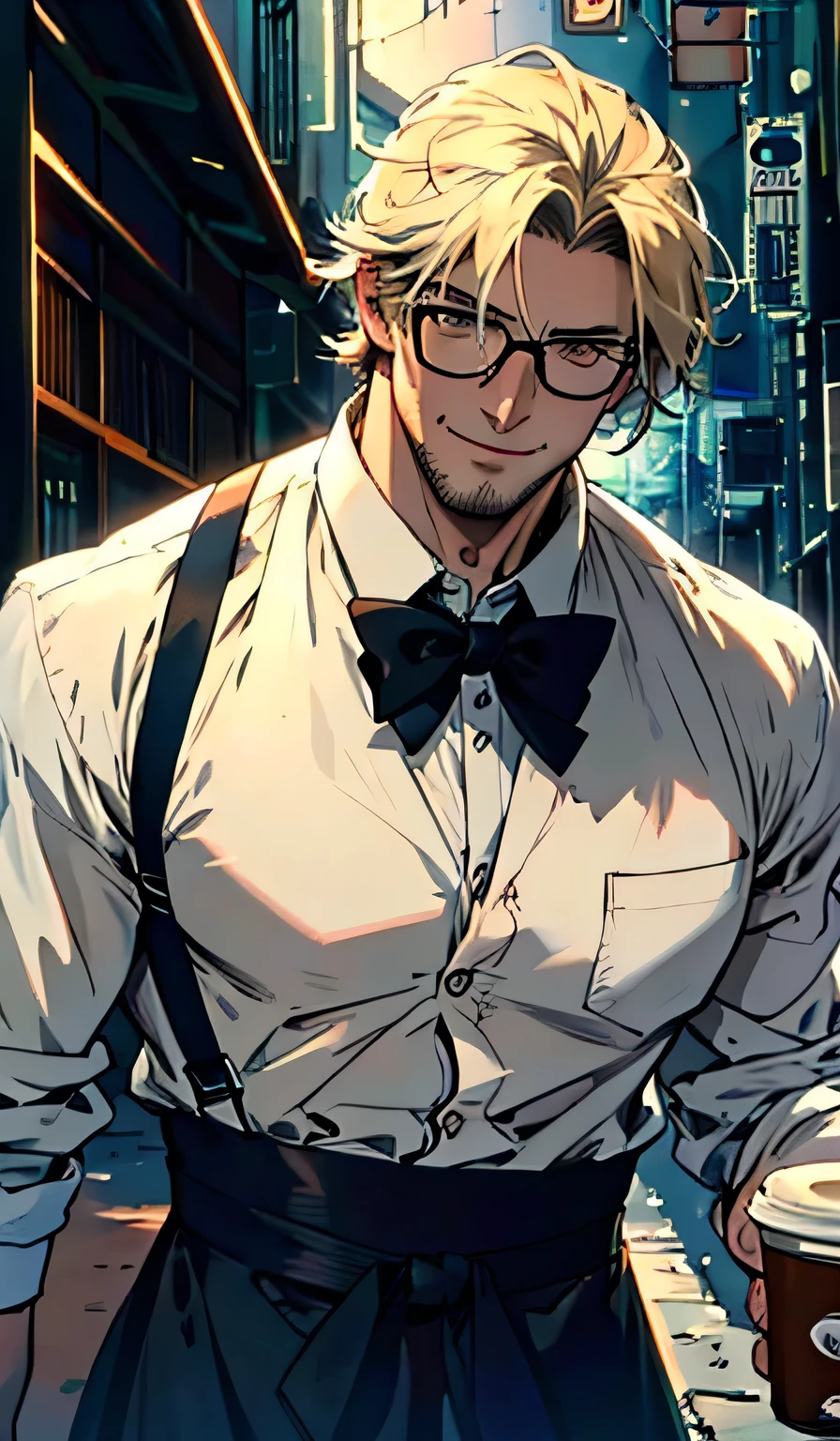 masterpiece, Highest quality, (alone focus), (Perfect Face:1.1), (Attention to detail:1.1),dramatic, gentleman,1 person, Anime Style,(Healthy Skin),Muscular,Front double biseps,White eyes,[glasses], Monocle,alone,White collared shirt,Black Apron,Wide open mouth smile,LOL,looking at the camera,Detailed Background,art,Coffee shop,Cinema Lighting,Coffee in hand