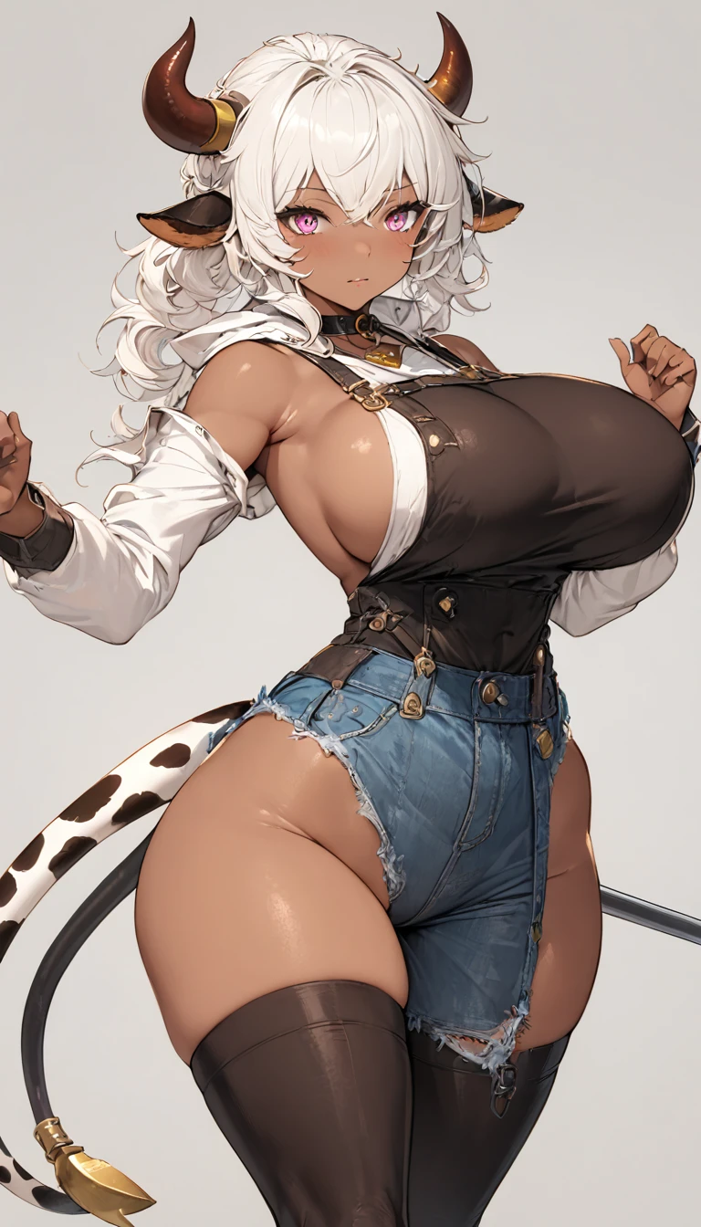 best quality,4k,8k, highres, masterpiece:1.2), extremely detailed eyes, extremely detailed body, (large masterpiece digital art), (detailed manga illustration), (detailed line art), ((perfect anatomy)), (intricate details:1.3), (ultra-detailed:1.3), (illustration:1.3), (sharp focus:1.3), (natural lighting:1.05), (vivid colors:1.3), (masterpiece), (best quality:1.4), (perfect anatomy:1.4), high quality, expressive eyes, full body, tall girl, detailed face, beautiful face, perfect face, detailed ((white hair)), (black hair), (pink eyes), {{dark skin}}, ({dark skinned female}), cow girl, gigantic breasts, thick thighs, very long hair, bare shoulders, denim, (blue overalls), overalls, dynamic lighting, cow print, high resolution, 4k resolution, dynamic pose, silver jewelry, {fantasy farm background}, choker, (cow ears), {{cow tail}}, (tail), ((streaked hair)), wide hips, thighhighs, horns, {cow horns}, animal ears, skin dentation, curvy, plump, cinematic lighting, dramatic atmosphere, Beautiful woman, Jeff Bridges, ((cartoon style)), Marvel Cinematic Universe style, (((farm in the background))), soft bokeh of Japan, Atey Ghailan, Jeremy Mann, Greg Manchess, Antonio Moro, trend in ArtStation, trend in CGSociety, Intricate, High Detail, Sharp focus, dramatic and photorealistic painting art by Midjourney and Greg Rutkowsk