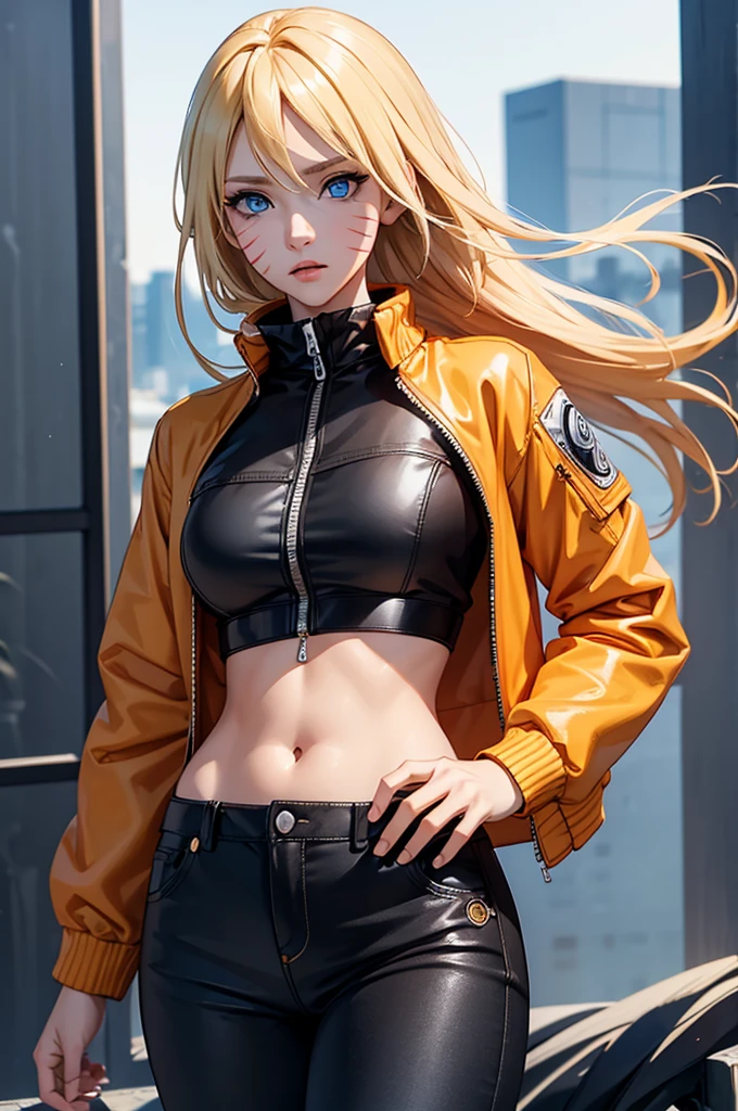 (masterpiece, best quality:1.2), expressive eyes, perfect face, highres, 1girl, solo, (female:1.5), NarukoUzumaki, blue eyes, blonde hair, long hair, facial mark, whisker markings, short hair, long sleeves, jacket, opened jacket, (naruto outfit), midriff, orange-black jacket, meshes, pants, black pants, standing, upper body, looking at the viewer