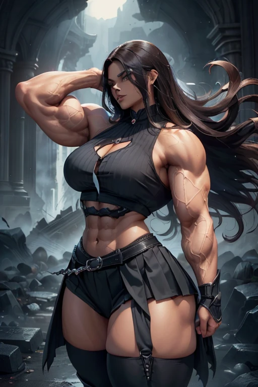 (((Massive tall, beautiful, buff, light brown skinned muscular woman with black hair, black lipstick, ginormous bulky muscles, winds blowing and wearing a black pleated shirt with beautiful long pleated skirt))), ((close view)), massive muscles, long straight hair, orange eyes, choker, ((black pleated shirt and tie)), neck tie, ((beautiful long pleated skirt)), belt, thigh high socks, black boots, (Dark and moody universe:1.3), (in front of a disaster), closed smile, night, massive muscles