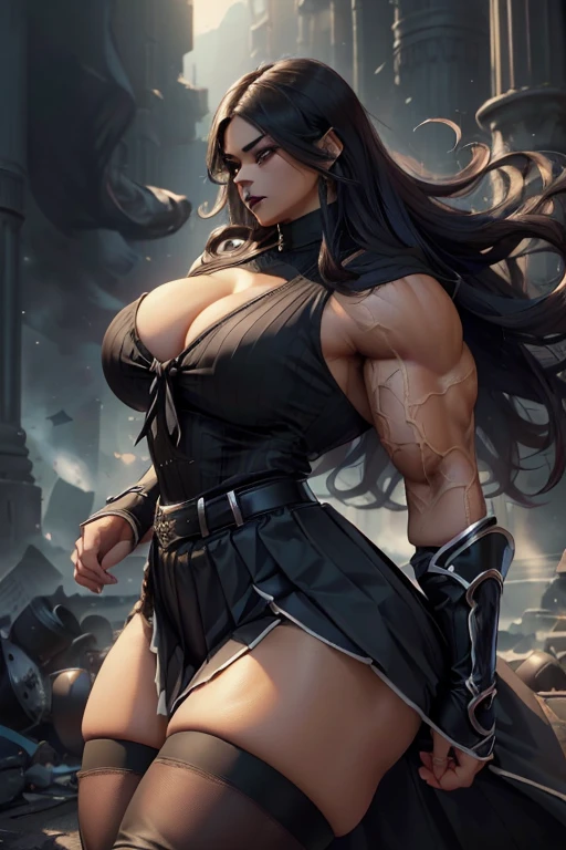 (((Massive tall, beautiful, buff, light brown skinned muscular woman with black hair, black lipstick, ginormous bulky muscles, winds blowing and wearing a black pleated shirt with beautiful long pleated skirt))), ((close view)), massive muscles, long straight hair, orange eyes, choker, ((black pleated shirt and tie)), neck tie, ((beautiful long pleated skirt)), belt, thigh high socks, black boots, (Dark and moody universe:1.3), (in front of a disaster), closed smile, night, massive muscles