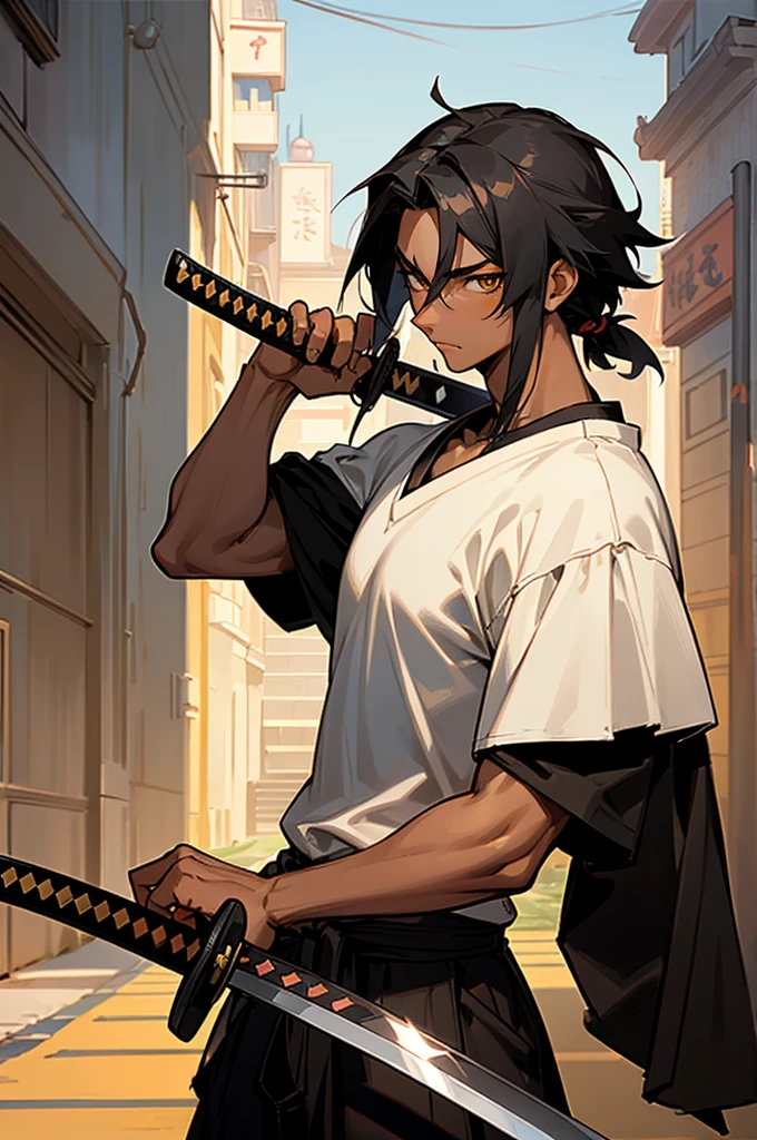 1male, ager, muscular, muscle, black hair, medium length hair, dreads, bright golden eyes, calm expression, white t-shirt, black joggers, red jordans, dark skin, caramel skin, black skin, standing on street, hands to side, city background, detailed background, buildings, streets, stores, detailed face, facing viewer, (((katana, samurai, swordsman)))