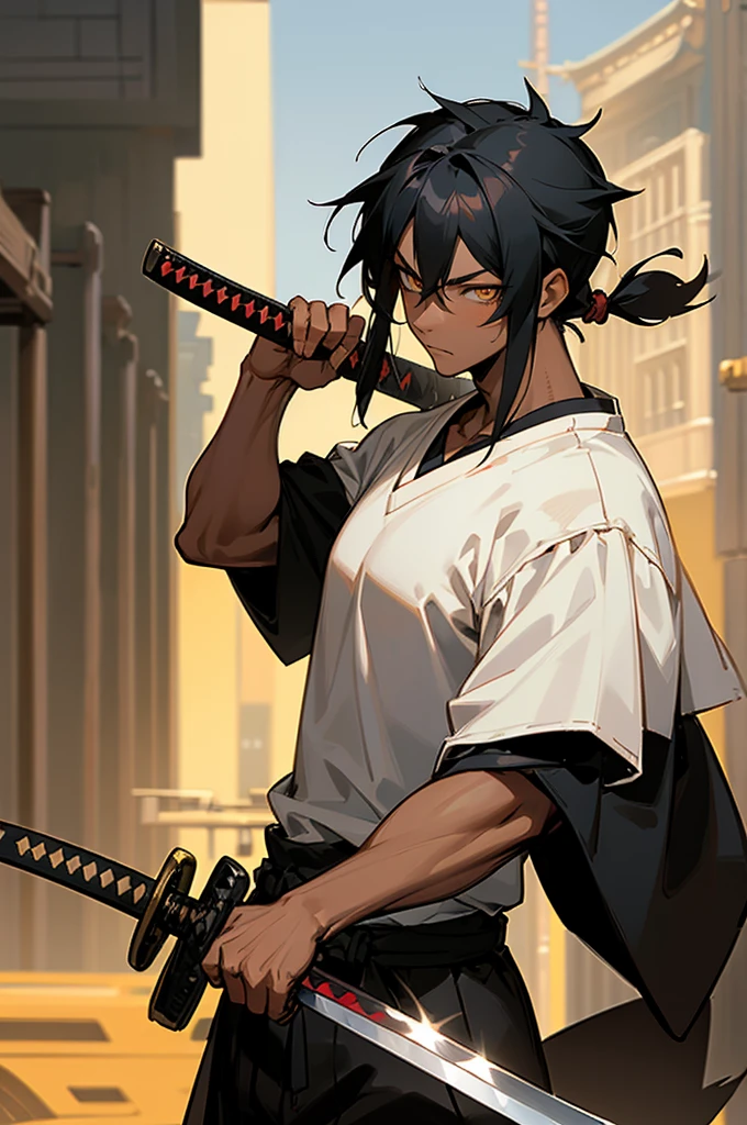 1male, teenager, muscular, muscle, black hair, medium length hair, dreads, bright golden eyes, calm expression, white t-shirt, black joggers, red jordans, dark skin, caramel skin, black skin, standing on street, hands to side, city background, detailed background, buildings, streets, stores, detailed face, facing viewer, (((katana, samurai, swordsman)))