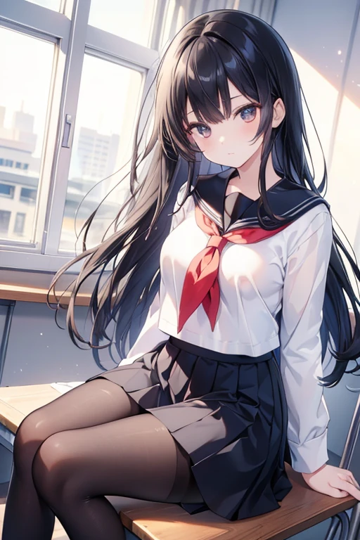 masterpiece, best quality, ultra-detailed, illustration, colorful, falt color, depth of field, lens flare,

1girl, anime, sitting, black hair, looking at viewer,school, classroom, pleated miniskirt , , serafuku, black pantyhose, detailed skin texture, detailed cloth texture, beautiful detailed face,,long hair 