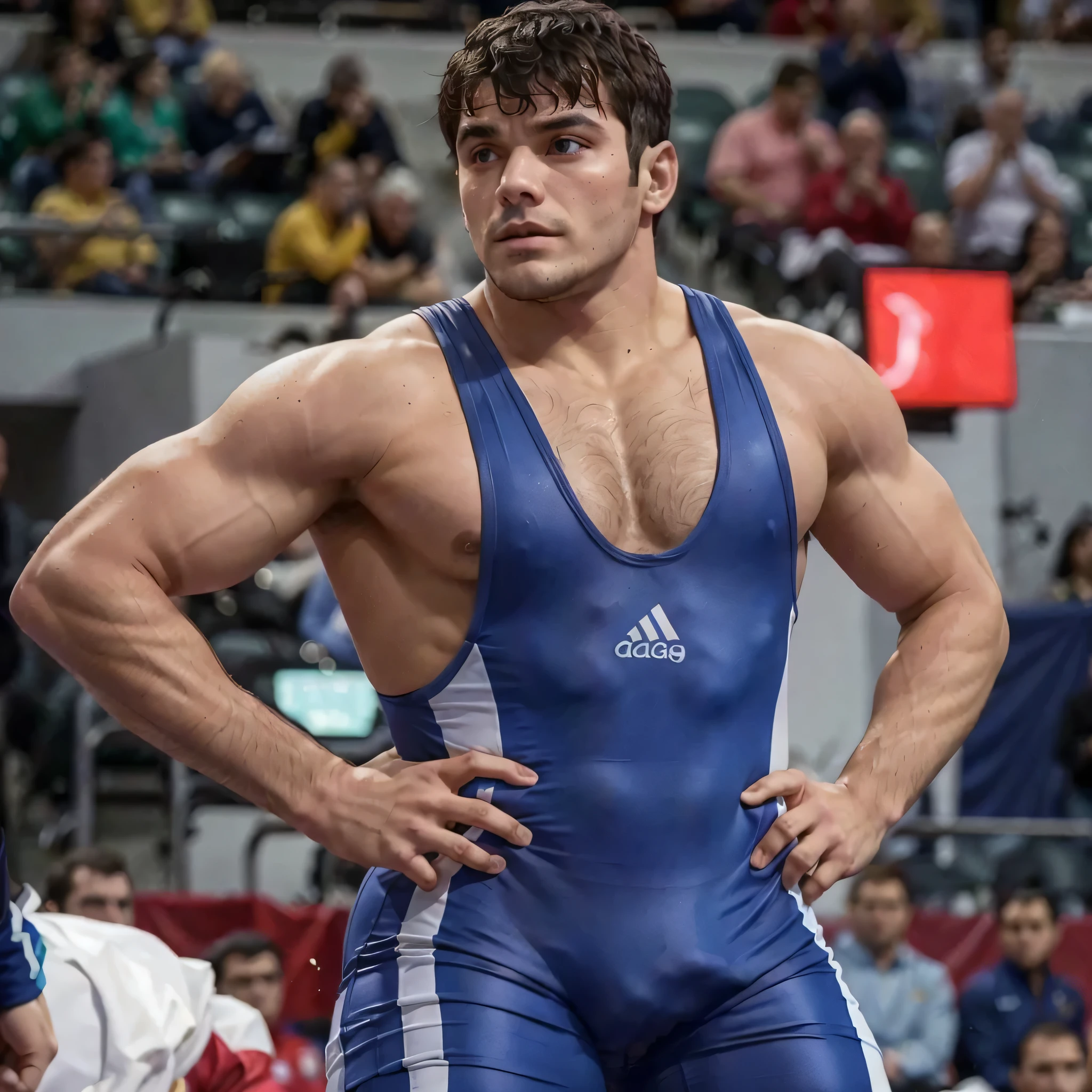 (1man, photorealistic:1.4, ultra realistic, masterpiece:1.2, best quality, 4k), young olympic male athlete wearing tight wrestling singlet, large bulge, the crowd cheers, detailed faces, ultra realistic skin, Olympic Games, shot on Nikon d850 50mm, dlsr, RAW, cinematic lighting, 3 point lighting, flash with soft box, arafed wrestler in blue wrestling suit standing in front of a crowd, wrestler, maxim sukharev, huge glistening muscles, hasbulla magomedov, hayao miyazak, azamat khairov, sebastien chabal, ivan laliashvili, sayem reza, wrestling, photo from the olympic games, vitaly bulgarov