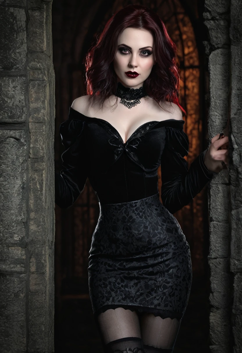 (Best quality, 4K, 8 K, a high resolution, masterpiece:1.2), ultra detailed, (realistic,photorealistic,photo-realistic:1.37), gorgeous fair skinned woman, a vampire, seductive look, elegant pose, gothic background, sensual beauty, gothic fashion, black gothic miniskirt, tights, dark colors, moody lighting, whole body pose