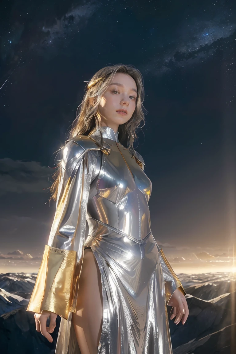 ((masterpiece, best quality, extremely detailed), volumetric lighting, ambient occlusion, colorful, glowing), 1girl, solo, young girl, (dark hair), long hair, halo, aura, sacred, goddess, cleric suit, (silver outfit with gold detailst:1.3), armor, outdoors, sunset, sky, clouds, space, (fantasy theme:1.2),