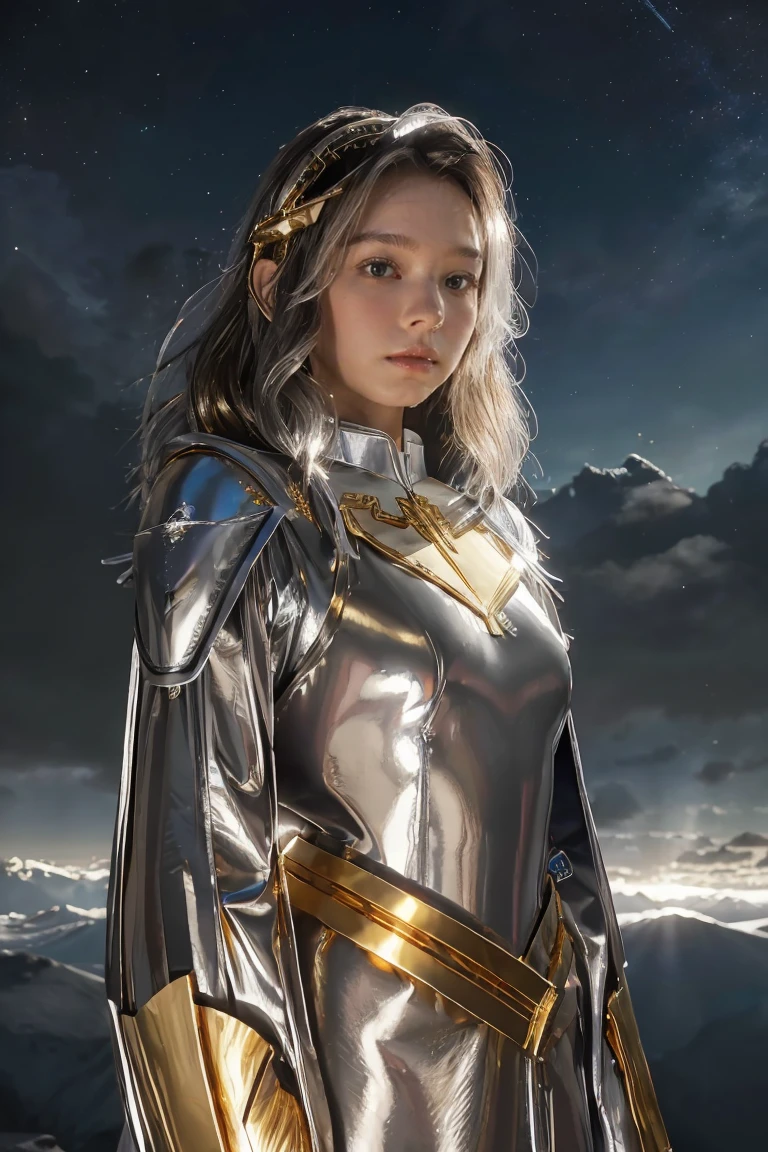 ((masterpiece, best quality, extremely detailed), volumetric lighting, ambient occlusion, colorful, glowing), 1girl, solo, young girl, (dark hair), long hair, halo, aura, sacred, goddess, cleric suit, (silver outfit with gold detailst:1.3), armor, outdoors, sunset, sky, clouds, space, (fantasy theme:1.2),