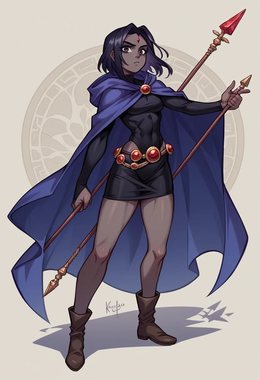 1 adult girl, Raven, black skin black leotard, black cloack, hooded cloak, knee-length Greek skirt, booties, long flowing hair, wavy black hair, forehead jeauel, purples eyes, medieval belt, firm skin, standing, toned, breastsout, battle pose, perspective view(posando)), Lines of movement, portraite, b&au. Contour, whole body, holding a spear, sexly