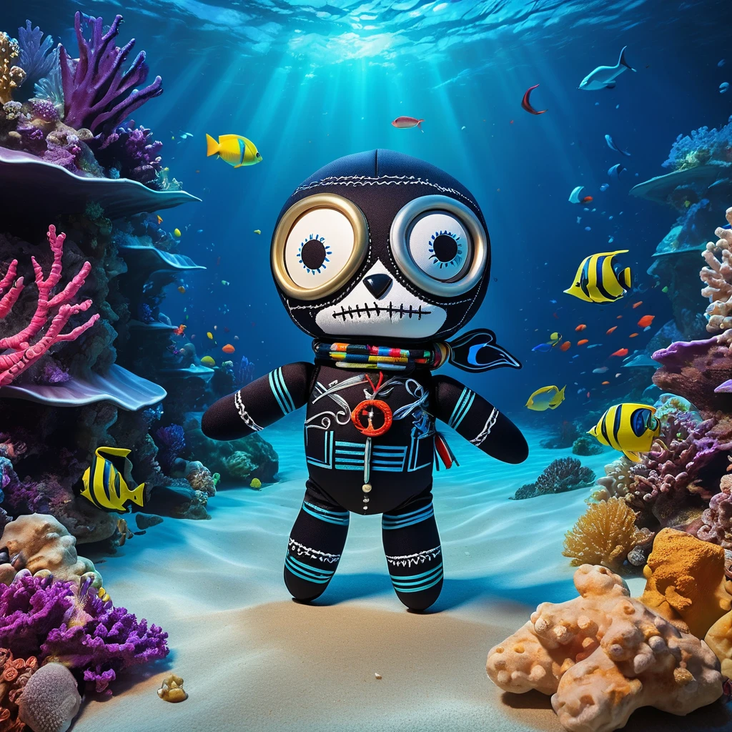 (knitted toy voodoo doll:1.8), (Voodoo Penguin Diving in the Ocean:1.3), (Clothing: wetsuit with wave patterns:1.0), (Accessories: enchanted diving mask, glowing fins:1.2), (background: cozy underwater scene with floating, glowing fish and mystical light:1.2), best quality, masterpiece, detailed soft oil painting, detailed background, dramatic cinematic lighting, soft edge lighting, professional, dramatic lighting, hard edge lighting, ultra quality, 4k,masterpiece, best quality, 8k, ultra highres, highres, extremely detailed