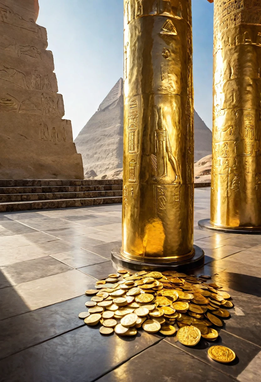 ,Golden monolith pillar standing inside an Egyptian pyramid, Shining Golden, One monolithic pillar of pure gold, On the floor around the pillar, (Ancient There are mountains of silver and gold coins on floor) ,(foreshortening, Canon, 8k, anatomically correct, super detail, high details, highness) 