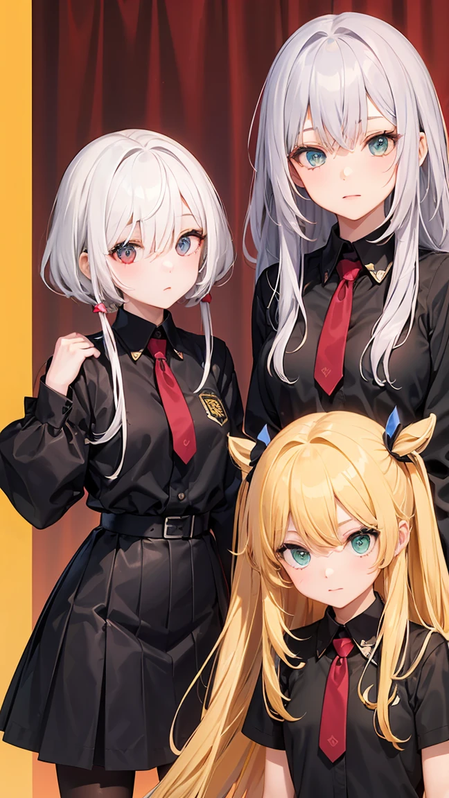 ((3  girls.)) 1 with yellow hair and green eyes, tanned body. 2 white hair and blue eyes, white body. 3 Red Hair And Red Eyes, with dark body. The 3 girls are standing. in  clothes. High School College Fund. 
Neg: wrong eye colors, disproportionate eyes, deformed faces, wrong hair colors, facial distortions, cross eyed, misaligned eyes, pixelated hair, incorrect facial proportions, ill-fitting clothes, poor lighting, low quality