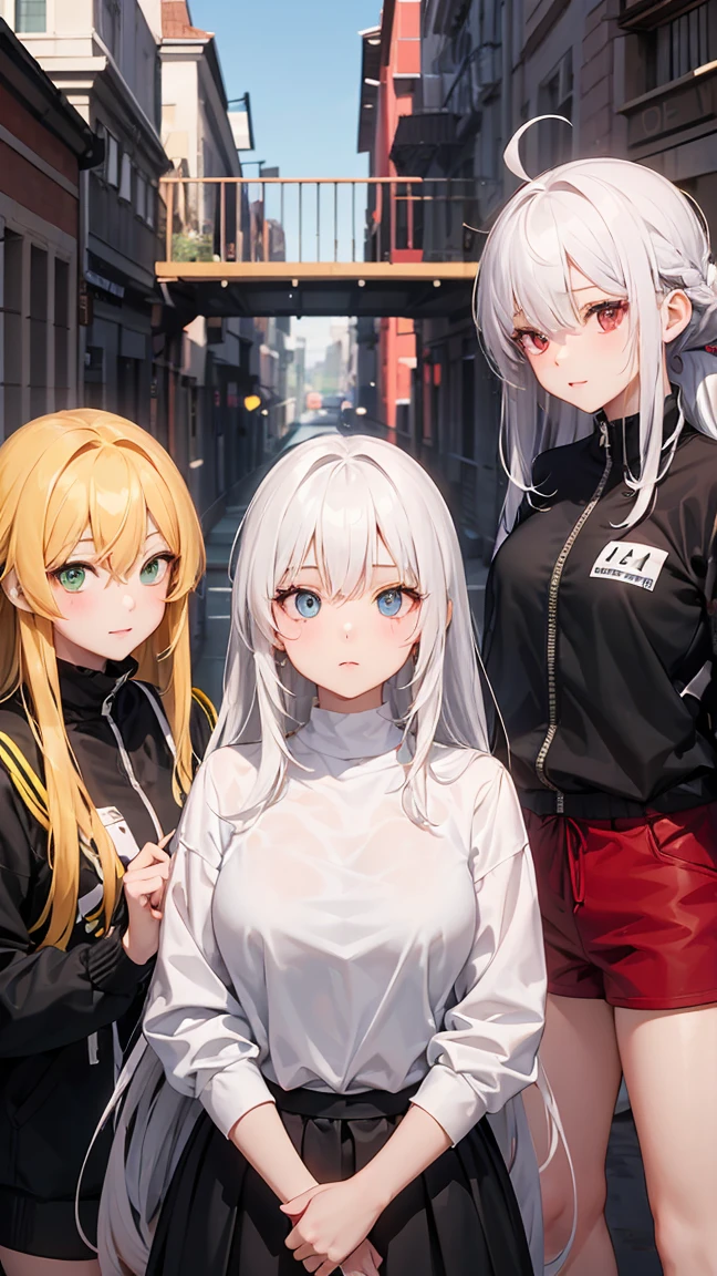 ((3 girls.)) 1 with yellow hair and green eyes, tanned body. 2 white hair and blue eyes, white body. 3 Red Hair And Red Eyes, with dark body. The 3 girls are standing. in clothes. High School College Fund.
Neg: wrong eye colors, disproportionate eyes, deformed faces, wrong hair colors, facial distortions, cross eyed, misaligned eyes, pixelated hair, incorrect facial proportions, ill-fitting clothes, poor lighting, low quality