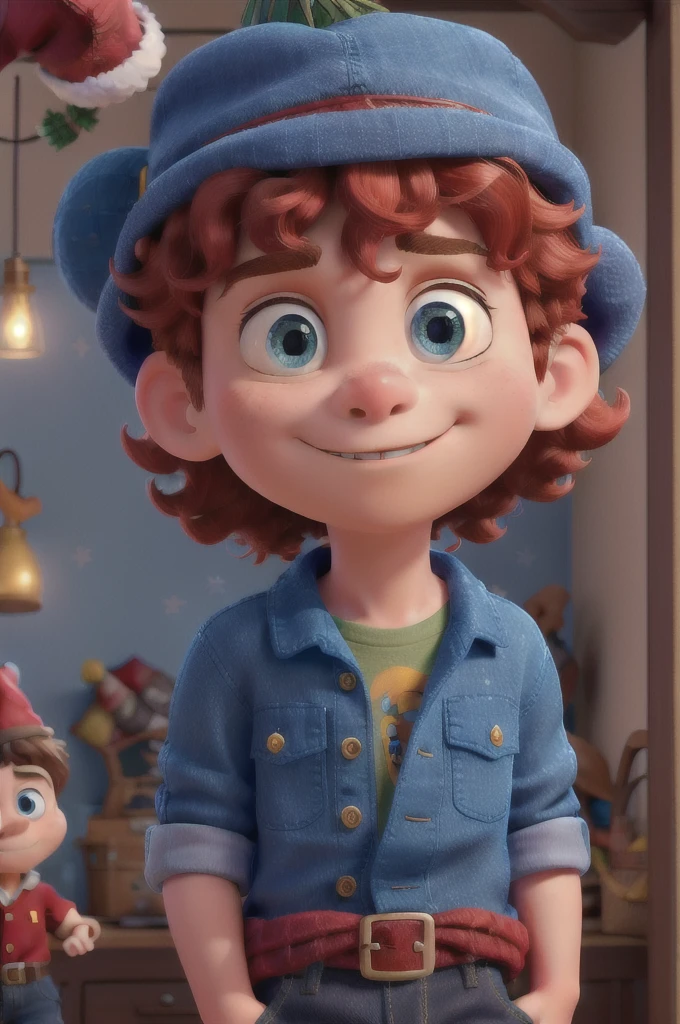 there is a young boy with big blue eyes curly blond hair wearing a hat and blue shirt, baggy clothing and hat, in blue and yellow clothes, wearing a fisher 🧥, with a cool pose, wearing a navy blue utility cap, deep in thought, cold as ice! 🧊, golden blue outfit, cool pose, inspired by Drew Tucker, pouty, looking heckin cool and stylish,HD, (best details), (best quality), disney style, happy, masterpiece, best quality, high resolution, christmas, lights, snow, young people, (((red Christmas hat))) Christmas decoration