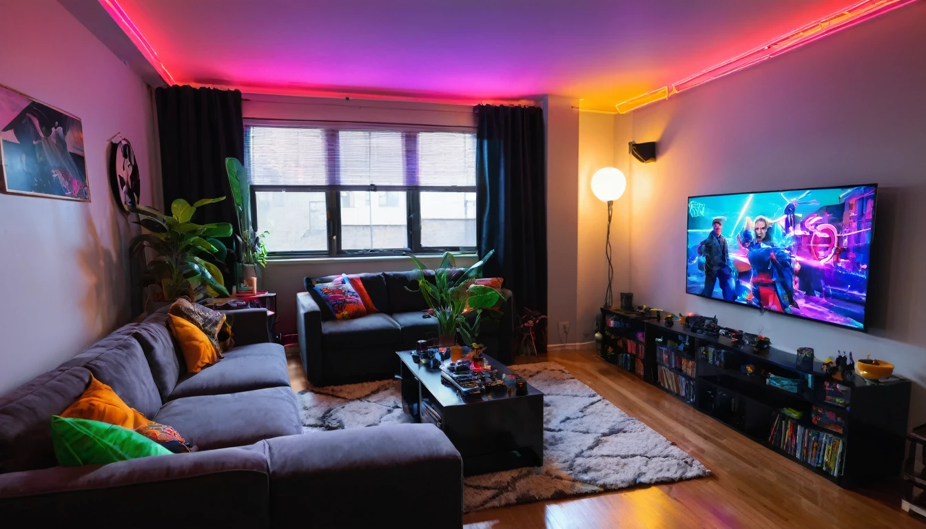 dark small apartment living room with big screen tv , neon lights, games, action figures