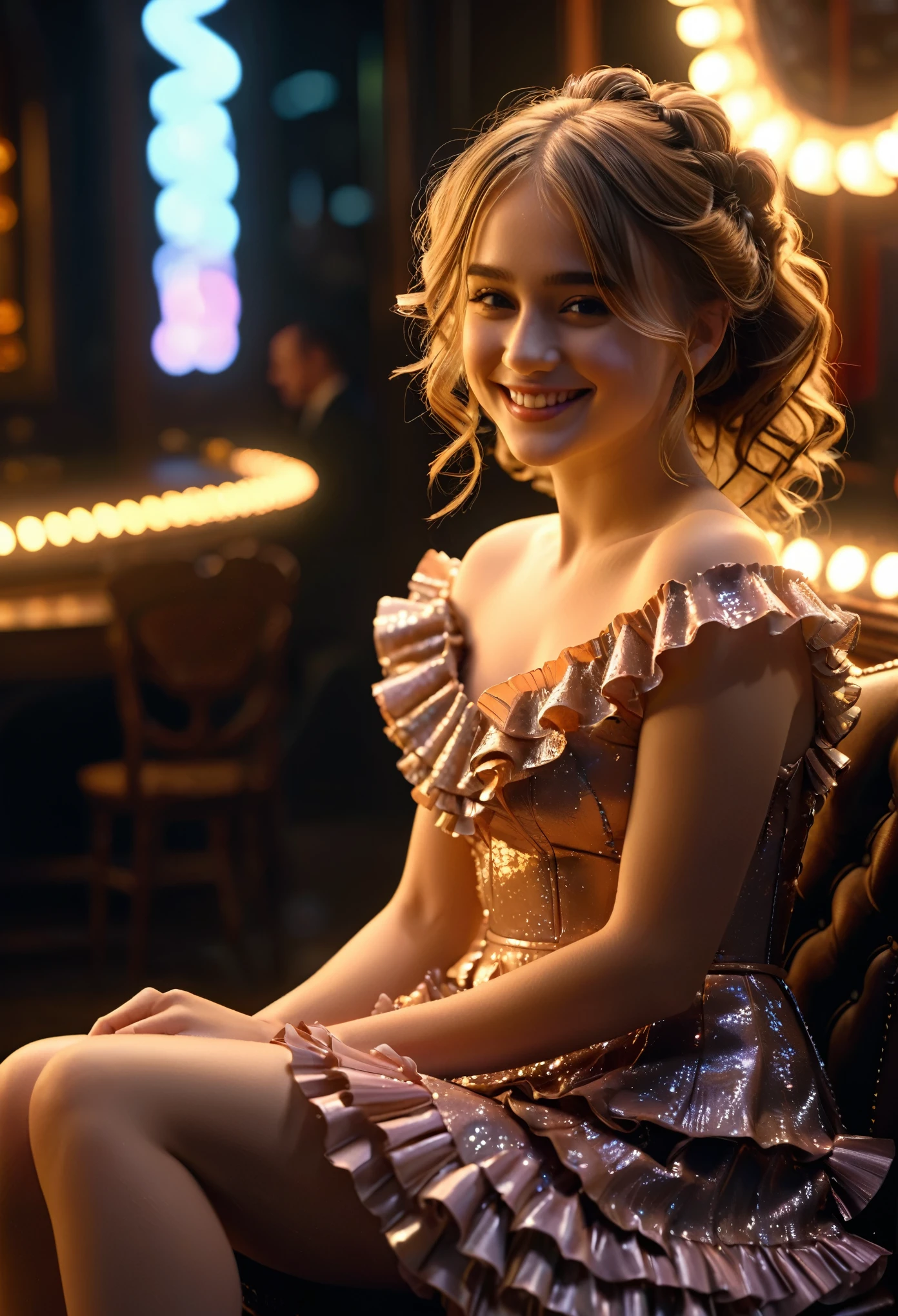 highly detailed, 8k, masterpiece, One girl, brown frills_hair_tube, dress, bend_that's all , Grin, (perfection_face), Sitting, machine, Brilliant, Complex, Dramatic lighting, 4K, detailed_background, Caustics, full_body, (Surreal:1.3), bloom,(Beautiful lighting:1.3), Caustics, Dynamic Lighting, Beautiful lighting, (Dakota Fanning:0.5) 