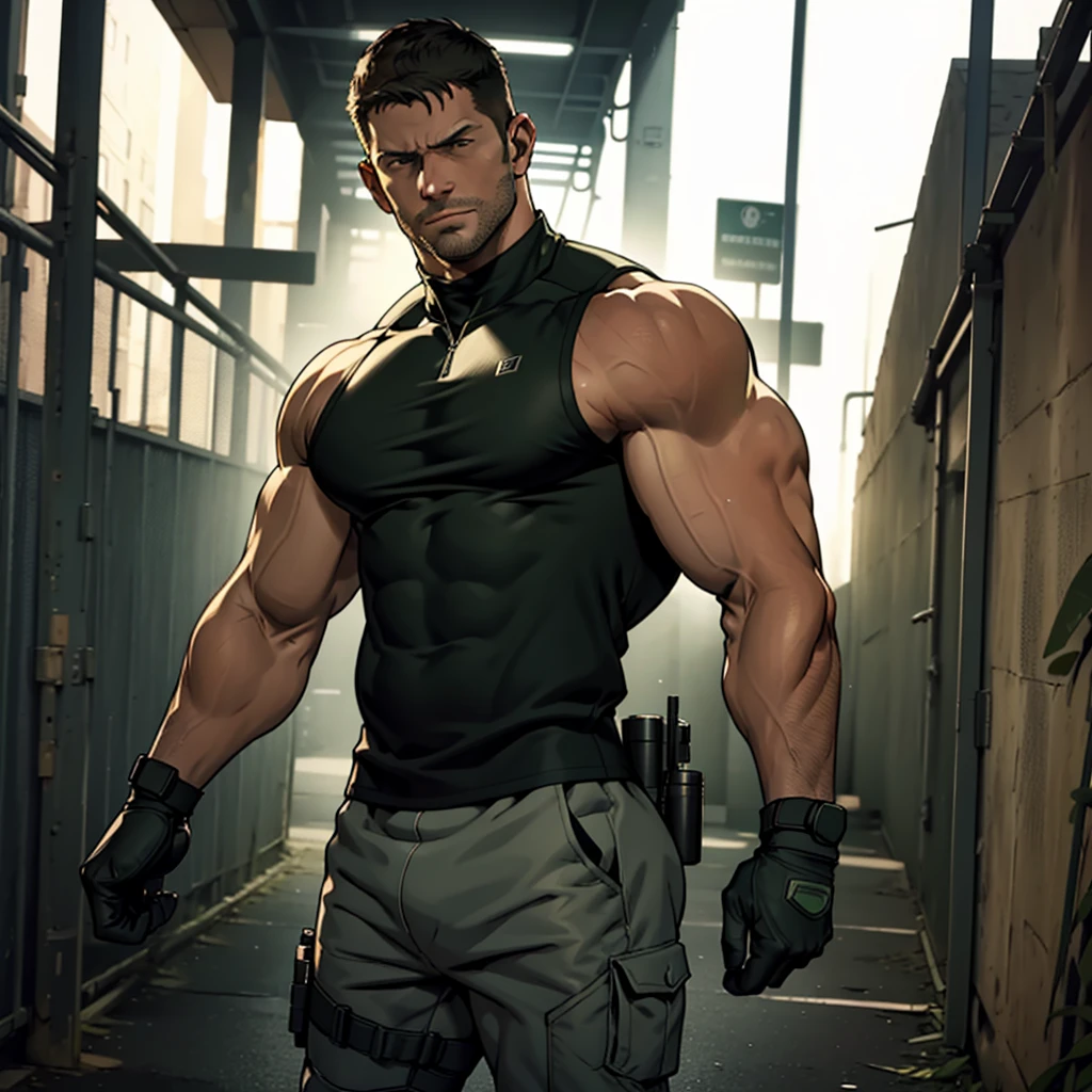 In a masterpiece of high resolution, a 35-year-old man stands alone, elegantly posed against the backdrop of a dark, gloomy hallway. The man is identified as Chris Redfield, renowned for his tactical prowess, and he is dressed in a military tactical suit, highlighted by the green fabric of his tank top, which reveals his well-defined biceps, abs, and chest. The white color on the shoulder of his tank top features the iconic B.S.A.A. logo, adding an air of professionalism to the image.
With a smirk on his face, Chris Redfield towers over the scene, a sign of his dominance and