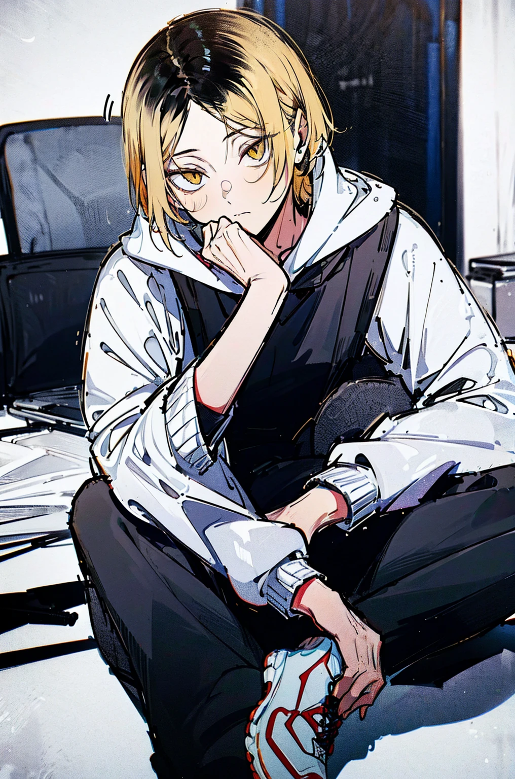 
(hutaodef:1.2),in with h ,white 背，
Kenma Kozume，Lazy，Dark circles，Comfort，laid back，Seated long sleeve sweatshirt，Black wide-leg pants，one person