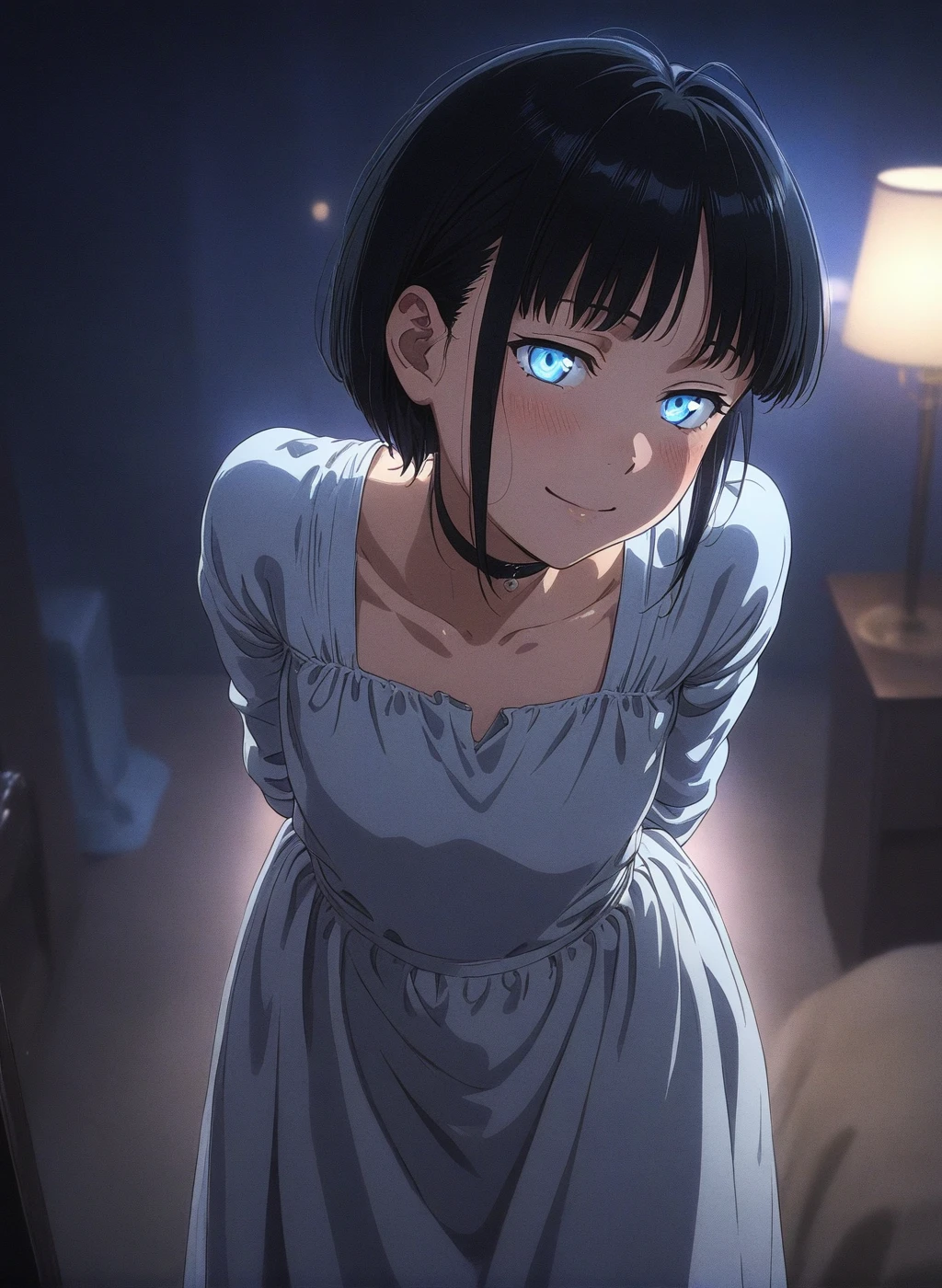 best quality, amazing quality, very aesthetic, absurdres, (1girl, zashiki-warashi, jet black bob haircut, childhood, tsurime), (realistic face:0.9),(gown:1.8), (smile, night, thigh:1.3), (cowboy shot), (glowing eyes), (half closed eyes:0.9), (from above0.7), (gagged), (bent over, arms behind back:1.7), (blush:0.9), expressive eyes, perfect face, 4k, extremely detailed anime illustration, extremely detailed eyes, perfect anatomy, light rays, extremely delicate body, smooth skin, (bedroom background:1.5), clear eyes, beautiful face, smiling at viewer, (anime style:1.7), (cinematic Light:1.5), (highres:2),