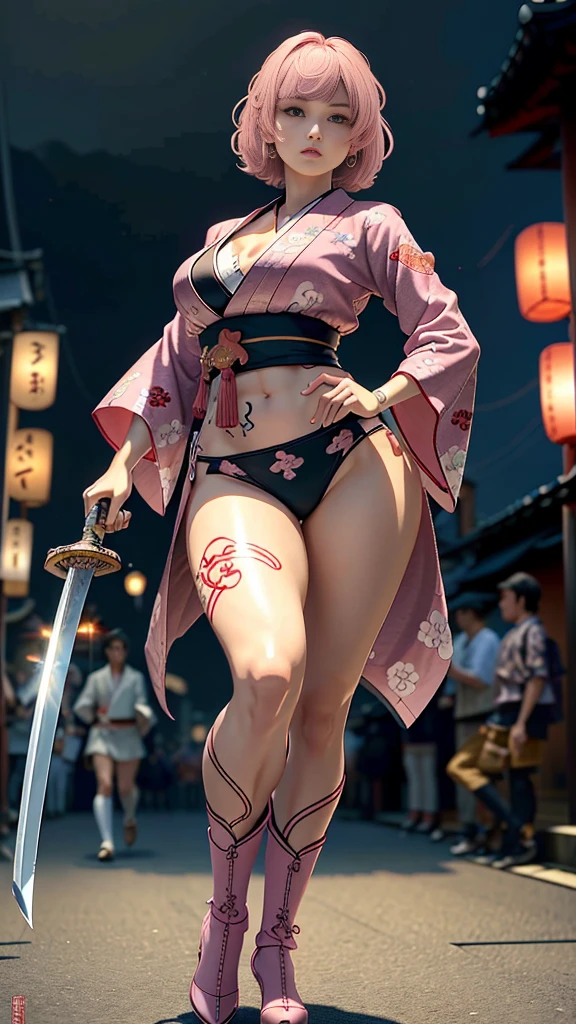 Beautiful Chinese woman, (16 years old), cute face, red lips, white moist skin, moles, under-eye bags,
BREAK,
Feminine body with high athletic ability, Body of a female fitness model, Feminine body with hard tones, (Muscles: 1.2), (Beautiful belly button),
BREAK,
Fighter, Kung Fu fighter, Idol,
BREAK,
(Wearing a cute kimono: 1.3), (Kimono with a high degree of exposure), (Stiletto heels, long boots 1.3), necklace, very large earrings, short length,
BREAK,
Short hair, (Short bob hair), (Bangs: 1.2), (Pink hair: 1.3), (Wavy hair),
BREAK,
(Very large Japanese sword: 1.4), (Holding the handle of a Japanese sword: 1.3), (Raising a very large Japanese sword: 1.2), (Getting into a fighting stance), (Japanese sword with a beautiful blade: 1.2)
BREAK,
(Japanese tattoo: 1.4),
BREAK,
Masterpiece, Perfect lighting, Ultra high resolution, 8K, (Very detailed: 1.4), (From the front), Looking at the camera, Melancholic expression,
BREAK,
(Tokyo city, lots of people in the background: 1.2), Background of the Shibuya district of Tokyo, Japan,