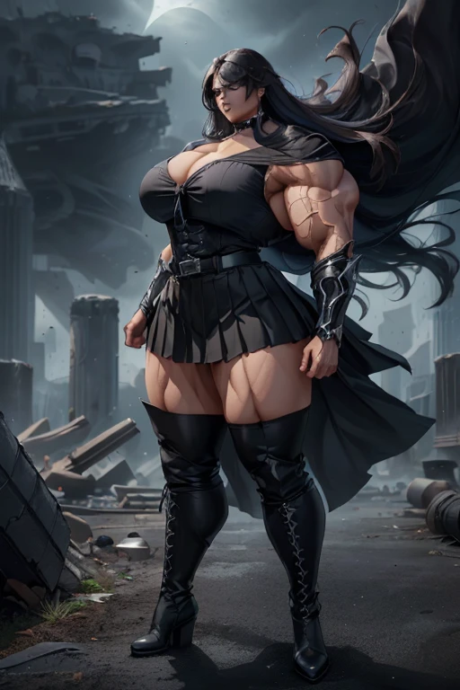 ((((Massive, tall, beautiful, buff, brown skinned  muscular woman with black hair, black lipstick, ginormous bulky muscles and wearing a black sailor moon costume and skirt)))), (close view), massive muscles, massive biceps, hyper muscle triceps, very dark skin, (long straight hair), orange eyes, black lipstick, black tiara, choker, sailor moon boots, holding a crescent scythe, fire, in space, Black hole, night time, smirk, hyper muscles arms, hyper muscle legs, ((massive arms)).