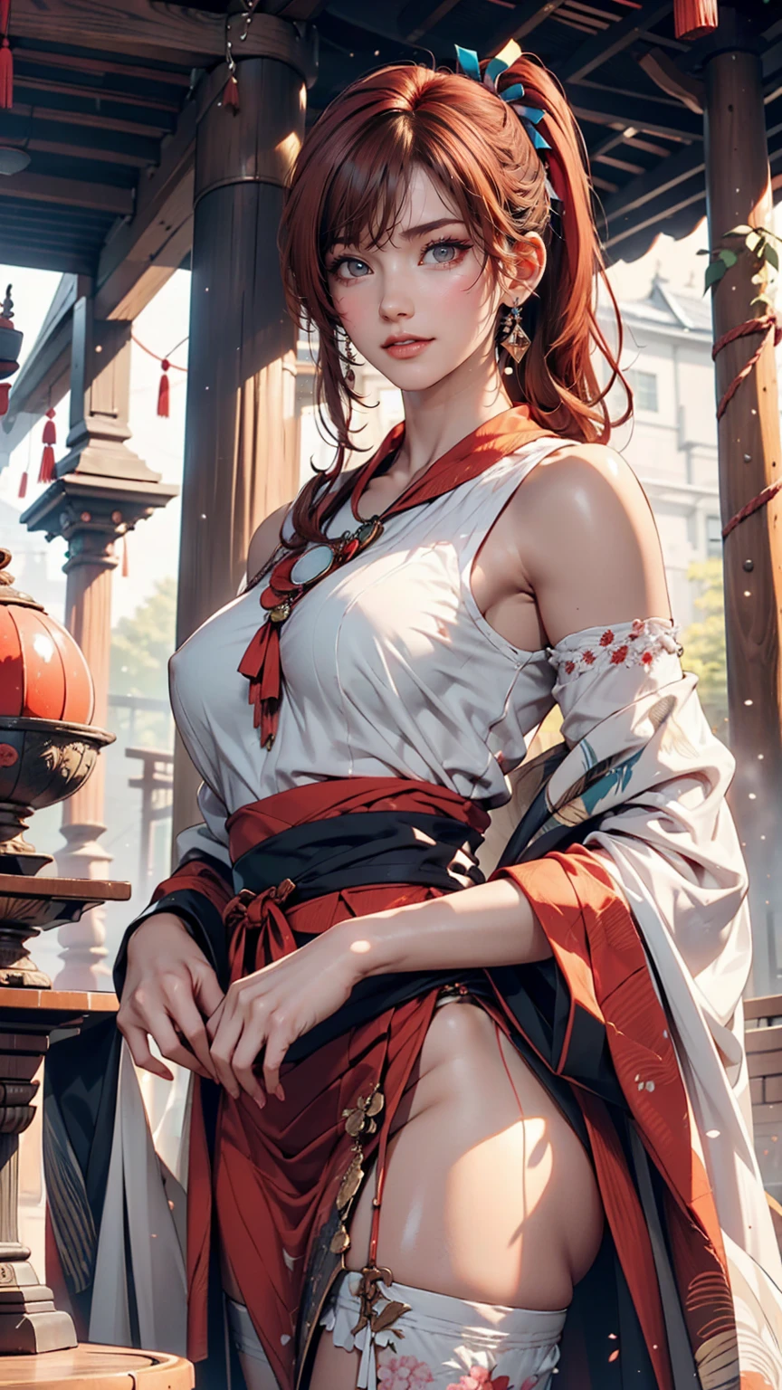 (One girl:1.3),alone,__Body parts__,, Official Art, unity 8k wallpaper, Super detailed, beautiful and aesthetic, beautiful, masterpiece, Highest quality,A fantastic atmosphere, Calm palette, Calm mood, Soft Shading,, Shrine maiden, incantation, Amulet Familiar, Shrine maidenの務め, 24-year-old female、Sexy proportions、Sexy breasts、Narrow waist、Long eyelashes、Side Ponytail((side ponytail))、hair band((hair ribbon))、Red hair、Textured skin((textured skin))、smile