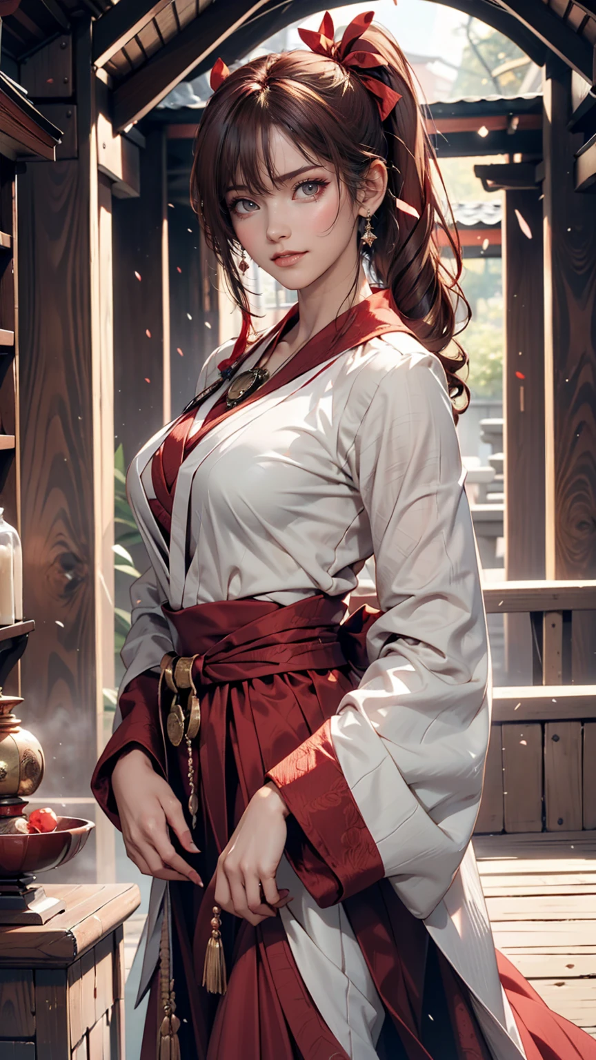 (One girl:1.3),alone,__Body parts__,, Official Art, unity 8k wallpaper, Super detailed, beautiful and aesthetic, beautiful, masterpiece, Highest quality,A fantastic atmosphere, Calm palette, Calm mood, Soft Shading,, Shrine maiden, incantation, Amulet Familiar, Shrine maidenの務め, 24-year-old female、Sexy proportions、Sexy breasts、Narrow waist、Long eyelashes、Side Ponytail((side ponytail))、hair band((hair ribbon))、Red hair、Textured skin((textured skin))、smile