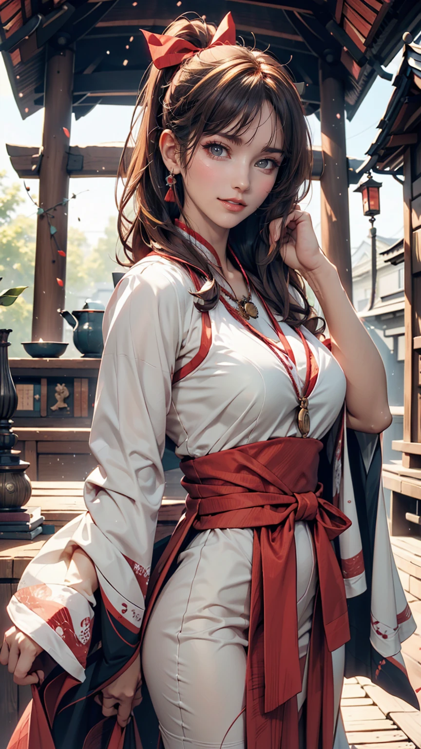 (One girl:1.3),alone,__Body parts__,, Official Art, unity 8k wallpaper, Super detailed, beautiful and aesthetic, beautiful, masterpiece, Highest quality,A fantastic atmosphere, Calm palette, Calm mood, Soft Shading,, Shrine maiden, incantation, Amulet Familiar, Shrine maidenの務め, 24-year-old female、Sexy proportions、Sexy breasts、Narrow waist、Long eyelashes、Side Ponytail((side ponytail))、hair band((hair ribbon))、Red hair、Textured skin((textured skin))、smile