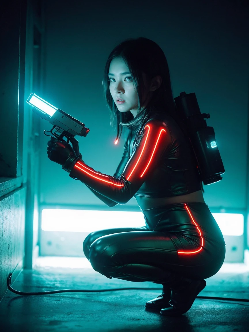 (grainy:0.5), cinematic,girl, space, serious, detailed eyes, detailed face, detailed futuristic clothes, lights in clothes, (aiming gun:1.1), (hiding:1.1), (squatting, looking to side:1.1), volumetric lighting, isolation, horror, dark lighting, red bioluminescent details, green bioluminescent details, blue bioluminescent details