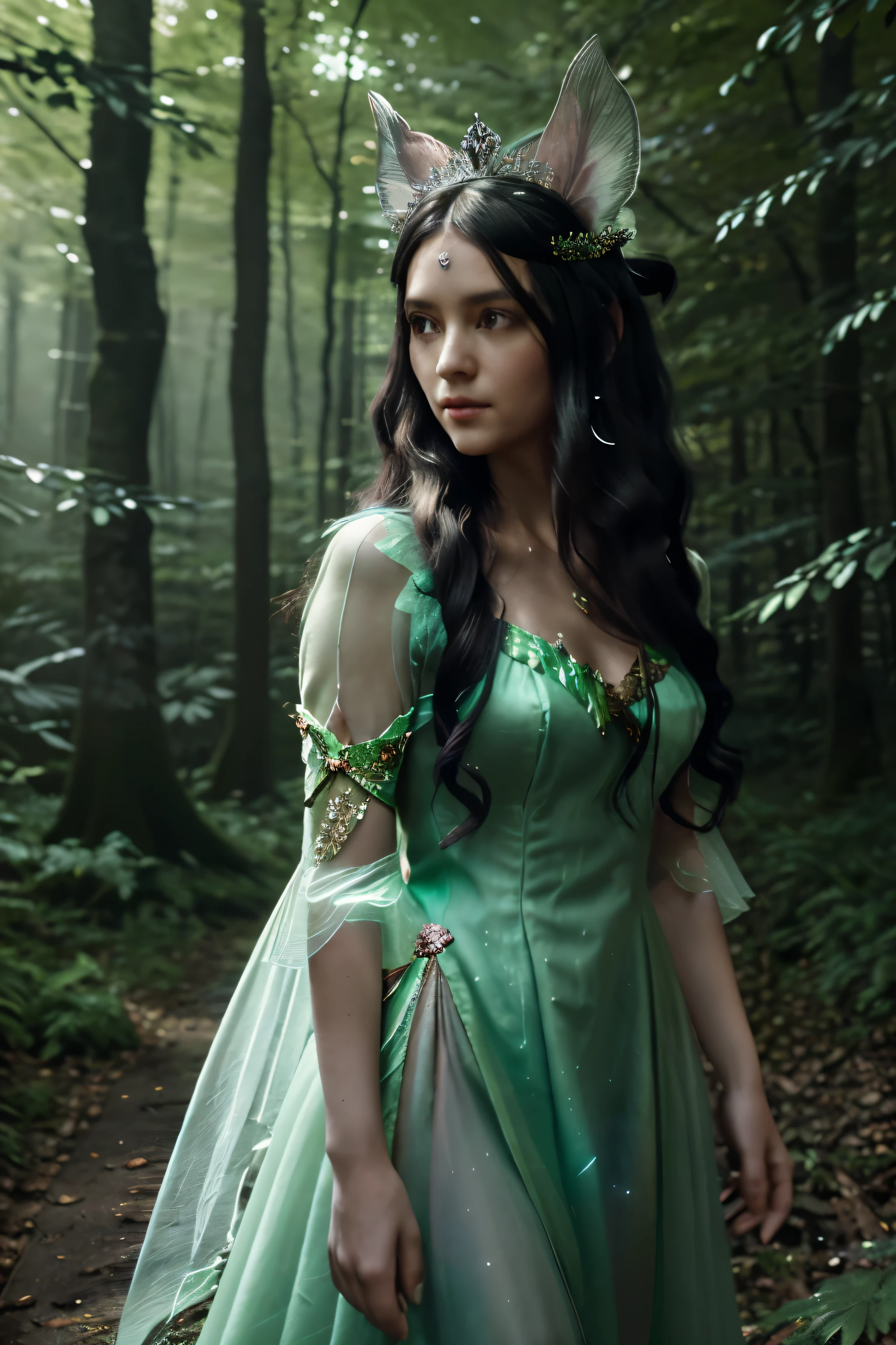 A fairy women with black long hair, wearing beautiful soft pastels green dress with a lot of unique detail, fairy ears, wearing tiara made by branch, walk away in the middle of magic Forrest with neon glowing leafs, walk away from the camera, cinematics lighting, ultra detailed, hyper realistic, 8k