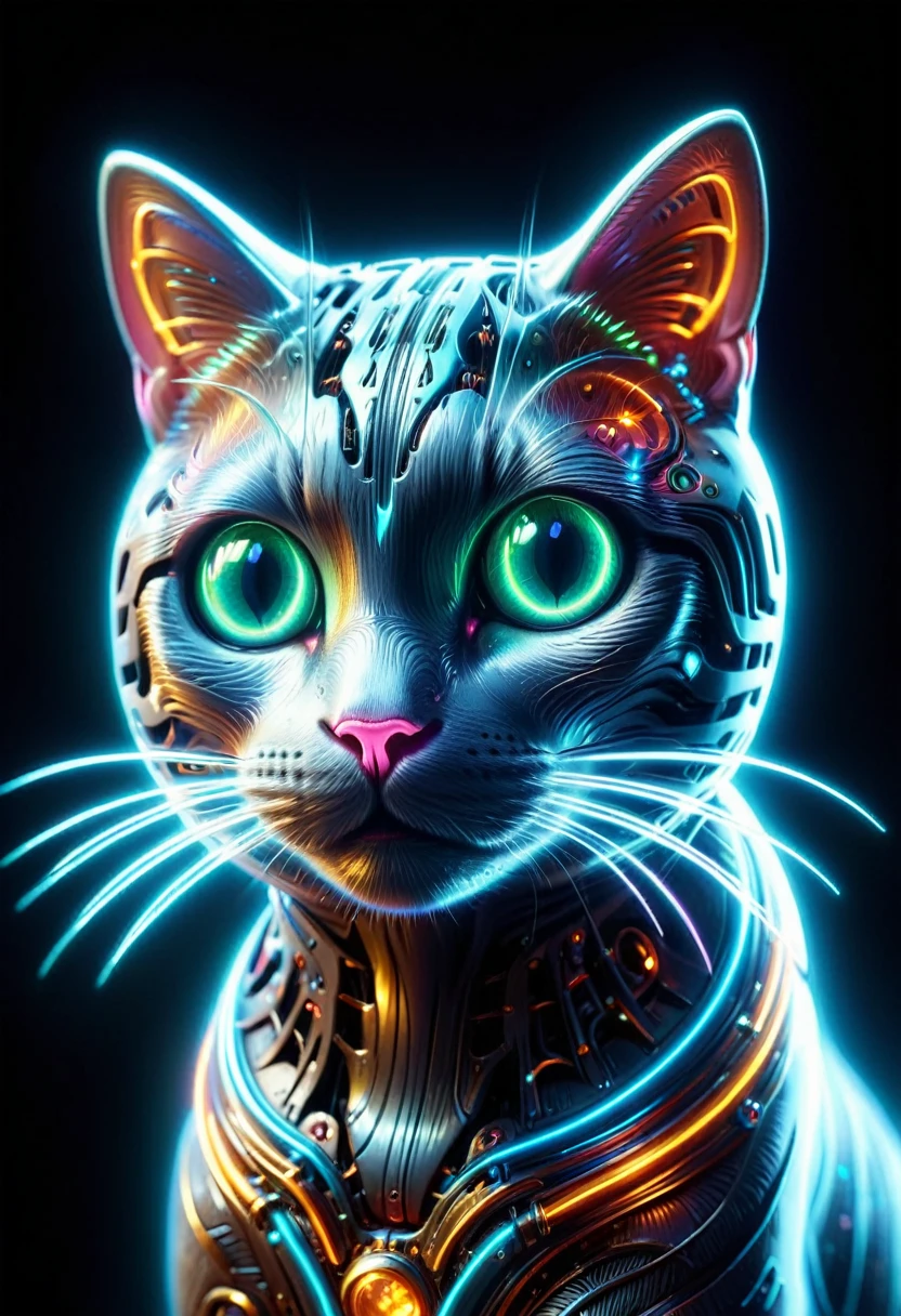 (Mechanical cat:1.5), (Mythical Machinery), (Mechanobiology), ethereal, phantom, transparent, bioluminescence, Divine Light, fluorescence, charming, mysterious, bright colors, Detailed details, lifelike, Epic technological fantasy, epic surrealism, Epic future fantasy, bright colors,