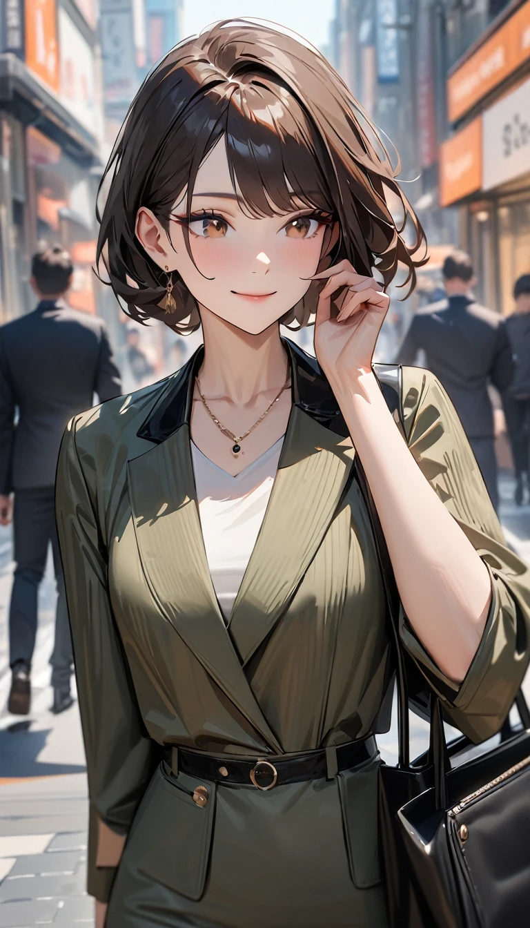 masterpiece , modern, Verism, masterpiece, super detail, best quality, 4K , (upper body), a woman, dark brown hair, stylish outfit, mature female, light smile ,  BREAKE carrying a designer bag in her hand, strolling through city
