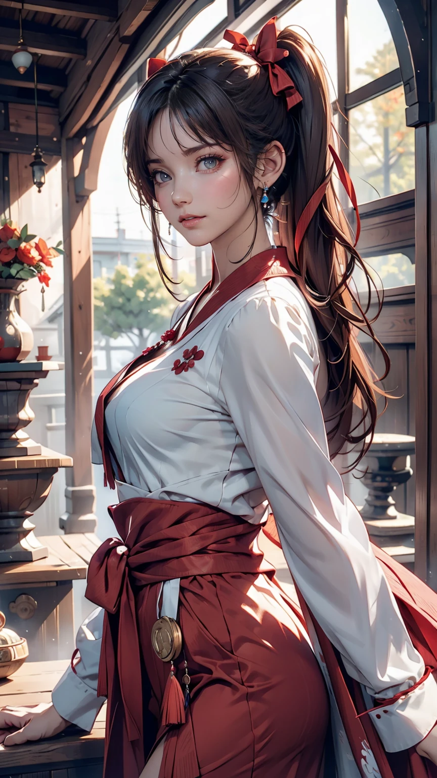 (One girl:1.3),alone,__Body parts__,, Official Art, unity 8k wallpaper, Super detailed, beautiful and aesthetic, beautiful, masterpiece, Highest quality,A fantastic atmosphere, Calm palette, Calm mood, Soft Shading,, Shrine maiden, incantation, Amulet Familiar, Shrine maidenの務め, 24-year-old female、Sexy proportions、Sexy breasts、Narrow waist、Long eyelashes、Side Ponytail((side ponytail))、hair band((hair ribbon))、Red hair、Textured skin((textured skin))、smile