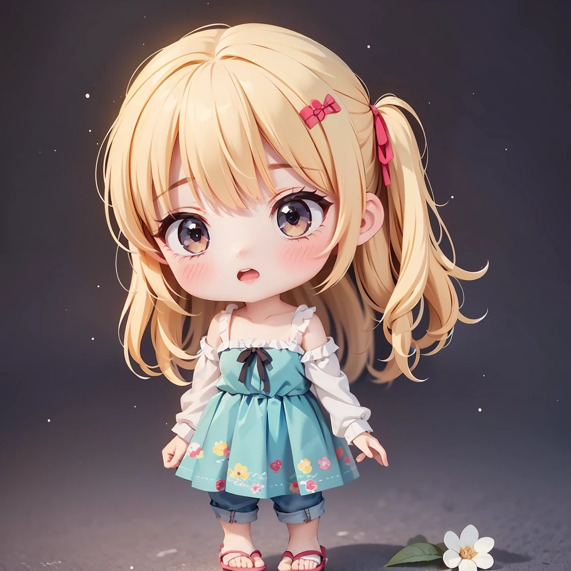  Super Chibi Character：1.8、wearing cute sandals、background：Simple all over、Blonde Hair、Cute 7 year old girl、Random cute outfits、Short legs、Sandals with ribbon、Frightened by fear、Frightened by fear