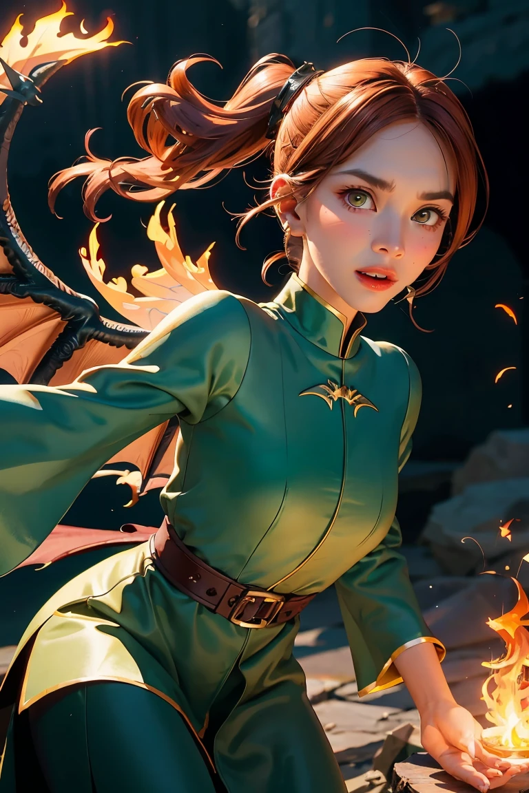 A dragon soaring with wings, angry, with a flame in its mouth, Middle Ages, 1girl,