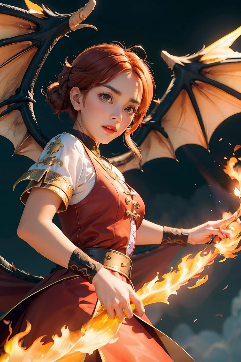A dragon soaring with wings, angry, with a flame in its mouth, Middle Ages, 1girl,