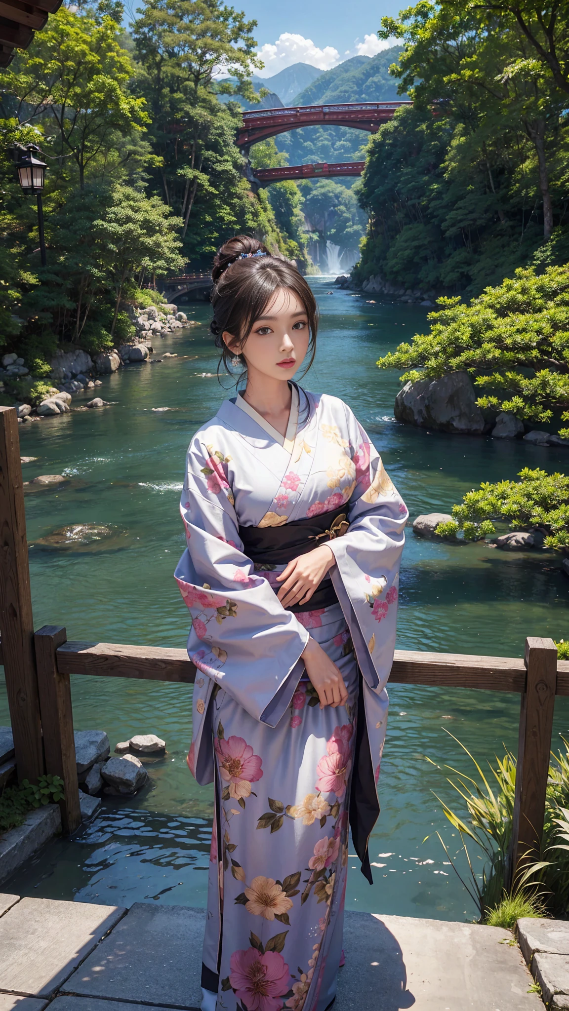 (Highest quality、 8k 、masterpiece、High resolution)、(whole body)、Vibrant colors、Brown-black bob、Traditional round topknot、Ample breasts、(Highly detailed face and eyes、Beautiful Face、Beautiful Eyes、Beautiful Nose、Pretty lips)、 (Beautiful Japanese woman standing on a riverside observation deck)、(bright floral kimono)、Official Art、  A waterfall is flowing in the background、Nearby bridge、Cityscape along the river、Distant Mountain々、Detailed CG、