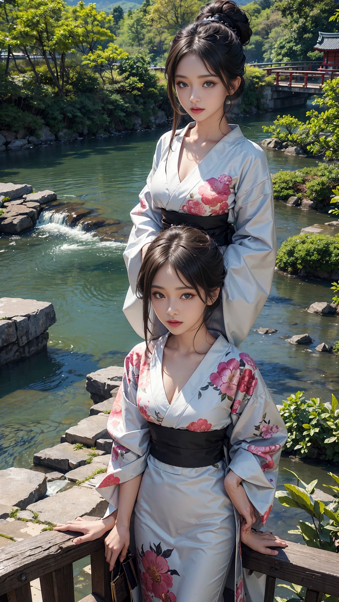 (Highest quality、 8k 、masterpiece、High resolution)、(whole body)、Vibrant colors、Brown-black bob、Traditional round topknot、Ample breasts、(Highly detailed face and eyes、Beautiful Face、Beautiful Eyes、Beautiful Nose、Pretty lips)、 (Beautiful Japanese woman standing on a riverside observation deck)、(bright floral kimono)、Official Art、 A waterfall is flowing in the background、Nearby bridge、Cityscape along the river、Distant Mountain々、Detailed CG、