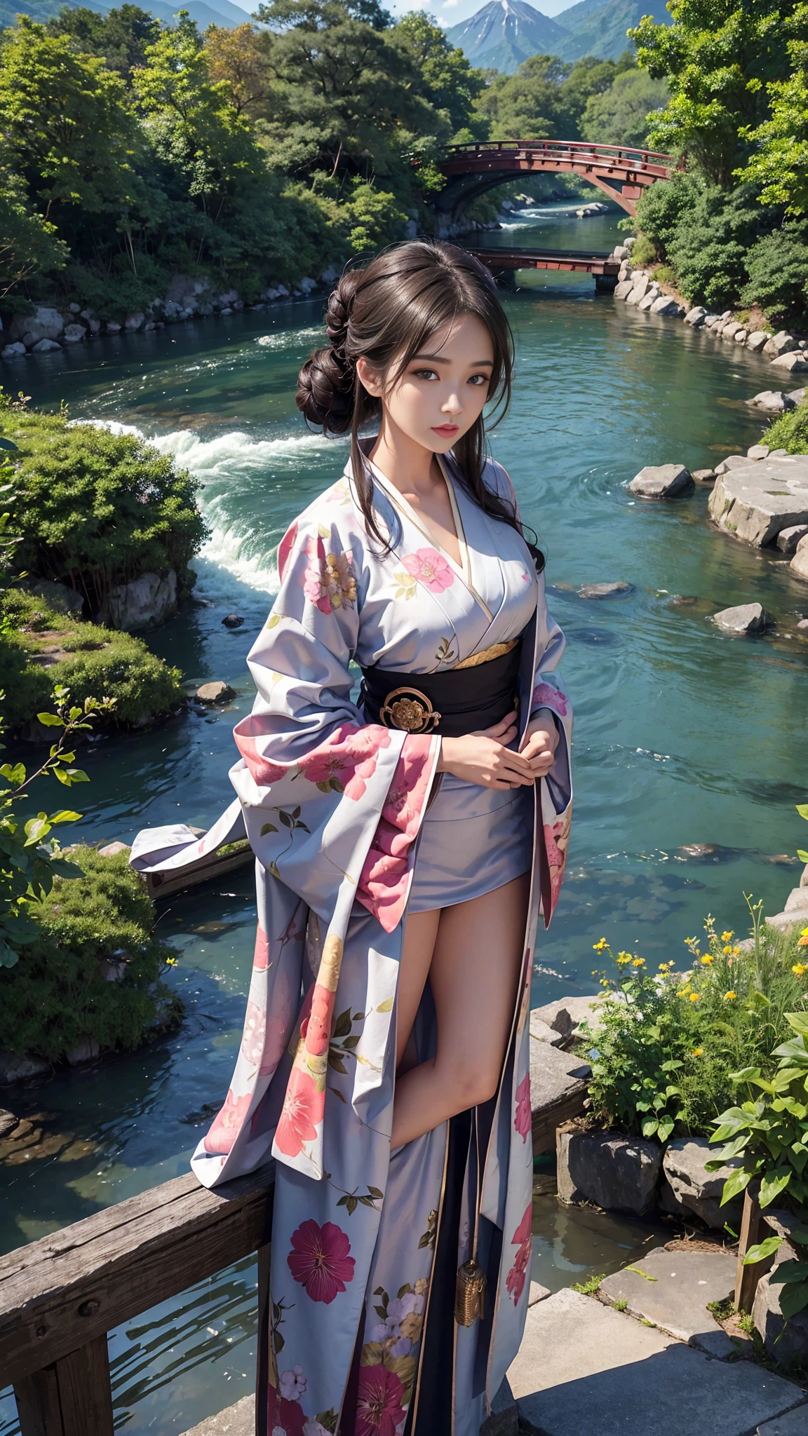 pond, feudal Japanese architecture, female, woman, sensual, erotic, looking at viewer, romantic, loving, affectionate, facing viewer, colorful, long hair, (hair up in perfect bun:1.3), (asian:1.3), twilight blue, sparkling silver, galaxy purple, black velvet, cherry blossom park, sakura trees, pink petals, outdoors, standing, (covering breasts:1.4), (hand on breast:1.3), (sunset, dusk:1.25), (silk kimono robe:1.5), (sash:1.3), (bare shoulders:1.4), (strapless:1.3), (delicate embroidery:1.1), elegant, draped, (revealing:0.8), (art by Noah Bradley:1.4), (hand on own chest:1.3), (adult:1.4), , slim waist, small breasts, fcHeatPortrait, (medium shot:1.3), lewd, risque, skimpy, scantily clad, cleavage, (grabbing own breast:1.3), (masterpiece:1.2), subsurface scattering, heavy shadow, (high quality:1.4), golden ratio, (intricate, high detail:1.2),Beautiful nipples,Artistic appearance,Beautiful nipples,Traditional Japanese clothing in a rather dull color,Small Ass,Small waist,Thin legs,