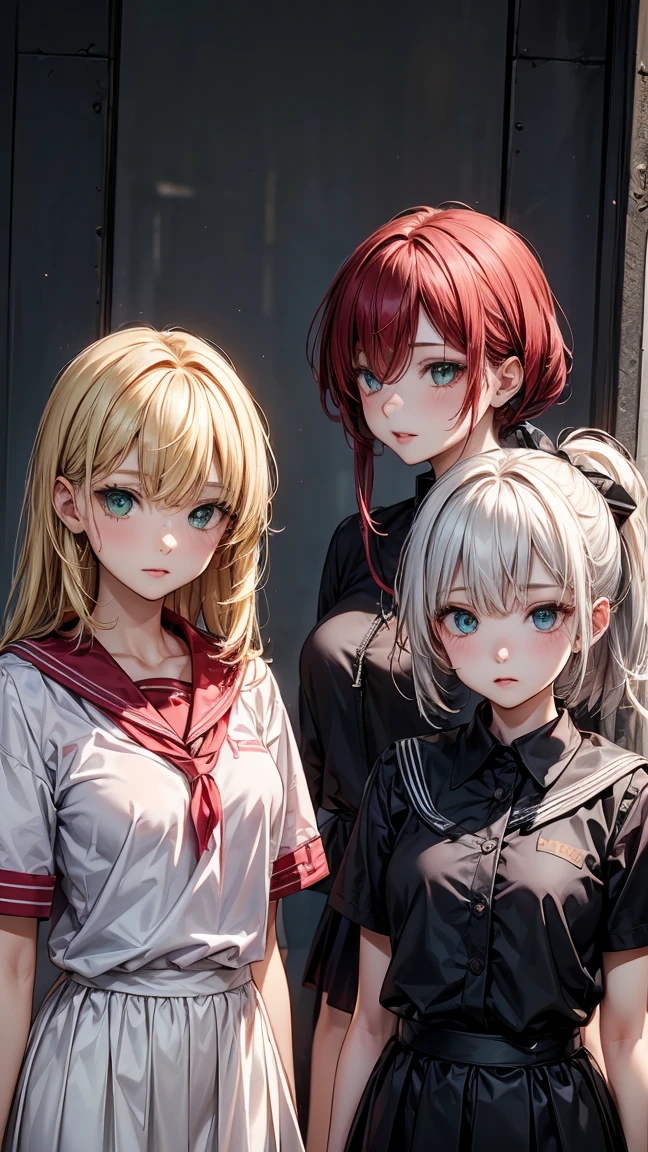 ((3 17 year old girls.)) 1 with yellow hair and green eyes, tanned body. 2 white hair and blue eyes, white body. 3 Red Hair And Red Eyes, with dark body. The 3 girls are standing. in  clothes. High School College Fund. 
Neg: wrong eye colors, disproportionate eyes, deformed faces, wrong hair colors, facial distortions, cross eyed, misaligned eyes, pixelated hair, incorrect facial proportions, ill-fitting clothes, poor lighting, low quality