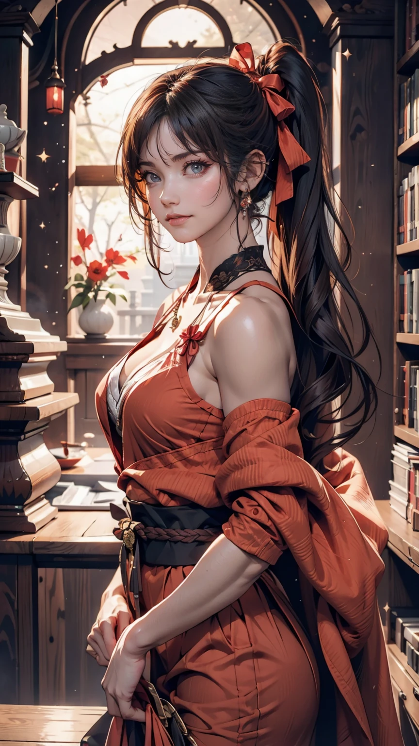 (One girl:1.3),alone,__Body parts__,, Official Art, unity 8k wallpaper, Super detailed, beautiful and aesthetic, beautiful, masterpiece, Highest quality,A fantastic atmosphere, Calm palette, Calm mood, Soft Shading,, Shrine maiden, incantation, Amulet Familiar, Shrine maidenの務め, 24-year-old female、Sexy proportions、Sexy breasts、Narrow waist、Long eyelashes、Side Ponytail((side ponytail))、hair band((hair ribbon))、Red hair、Textured skin((textured skin))、smile