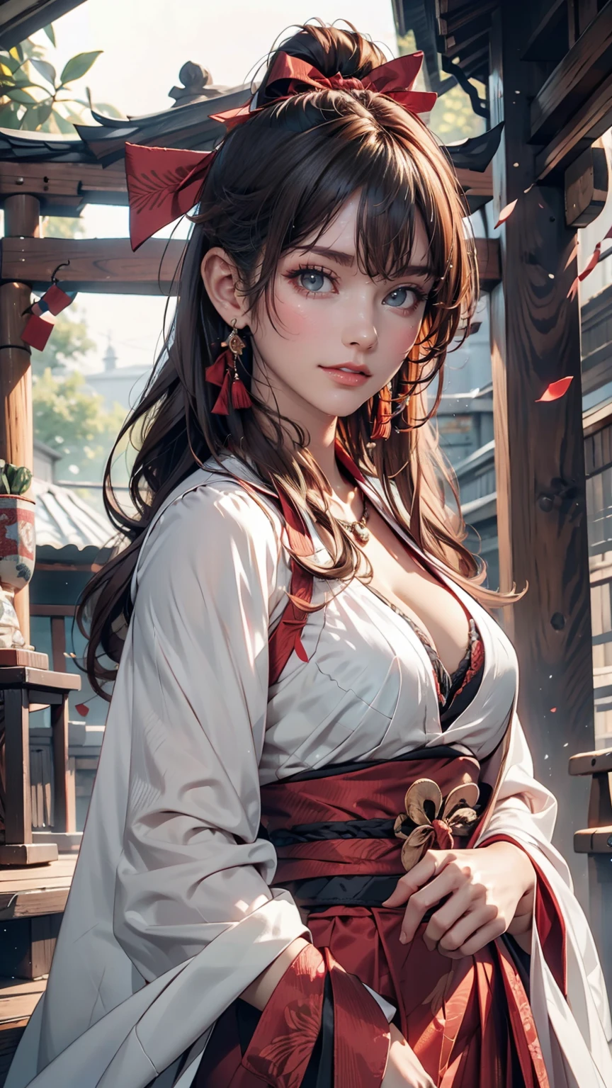 (One girl:1.3),alone,__Body parts__,, Official Art, unity 8k wallpaper, Super detailed, beautiful and aesthetic, beautiful, masterpiece, Highest quality,A fantastic atmosphere, Calm palette, Calm mood, Soft Shading,, Shrine maiden, incantation, Amulet Familiar, Shrine maidenの務め, 24-year-old female、Sexy proportions、Sexy breasts、Narrow waist、Long eyelashes、Side Ponytail((side ponytail))、hair band((hair ribbon))、Red hair、Textured skin((textured skin))、smile