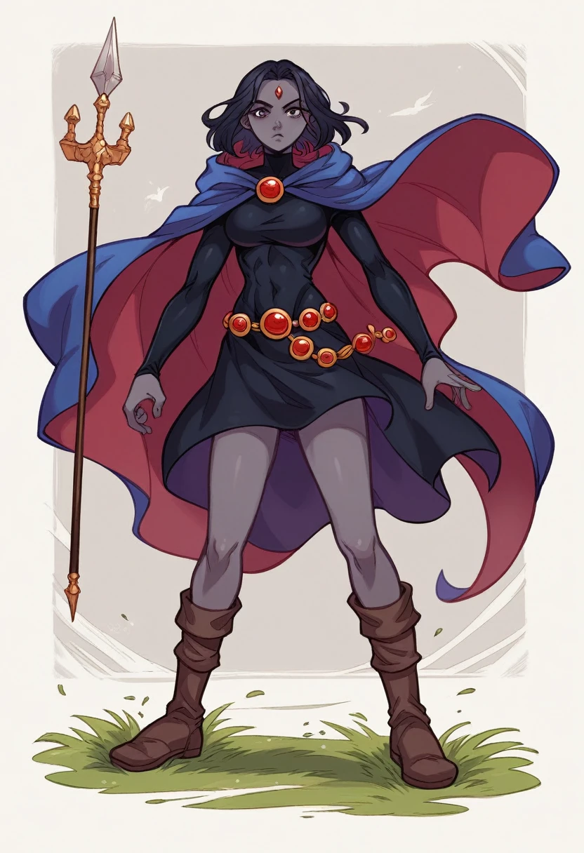 1 adult girl, Raven, black skin black leotard, black cloack, hooded cloak, knee-length Greek skirt, booties, long flowing hair, wavy black hair, forehead jeauel, purples eyes, medieval belt, firm skin, standing, toned, breastsout, battle pose, sexly, sensuous, appealing, perspective view(posando)), Lines of movement, portraite, b&au. Contour, whole body, holding a spear